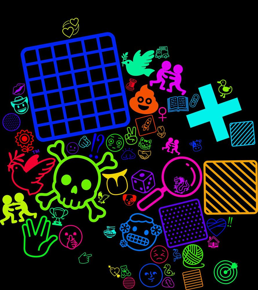 Emoji Cloud; its emojis (sorted by weighted frequency, descending):  ⬛, ☠️, 🔎, ➕, 🟩, 🟨, 🖖, 🕊️, 🥶, 🤼‍♂️, 🤼, 🕊, 💩, ⁉, 🧶, 🤫, 🟪, 👅, 🎲, 🎯, 🌻, 🌝, 🦆, 🤼‍♀️, 🤠, 🟦, 🟡, 😳, 😣, 📖, 💞, 🐉, 🏆, ⬜, ❤️‍🩹, ✌, ♀, 🫵, 🫱🏻‍🫲🏼, 🫤, 🧸, 🧵, 🦩, 🦅, 🤦🏻‍♀️, 🚒, 🚀, 🙇, 😹, 🔵, 🔗, 💘, 💋, 👉🏻, 🐶, 🐮, 🐍, 🏠, 🍜, 🌷, ™, ‼