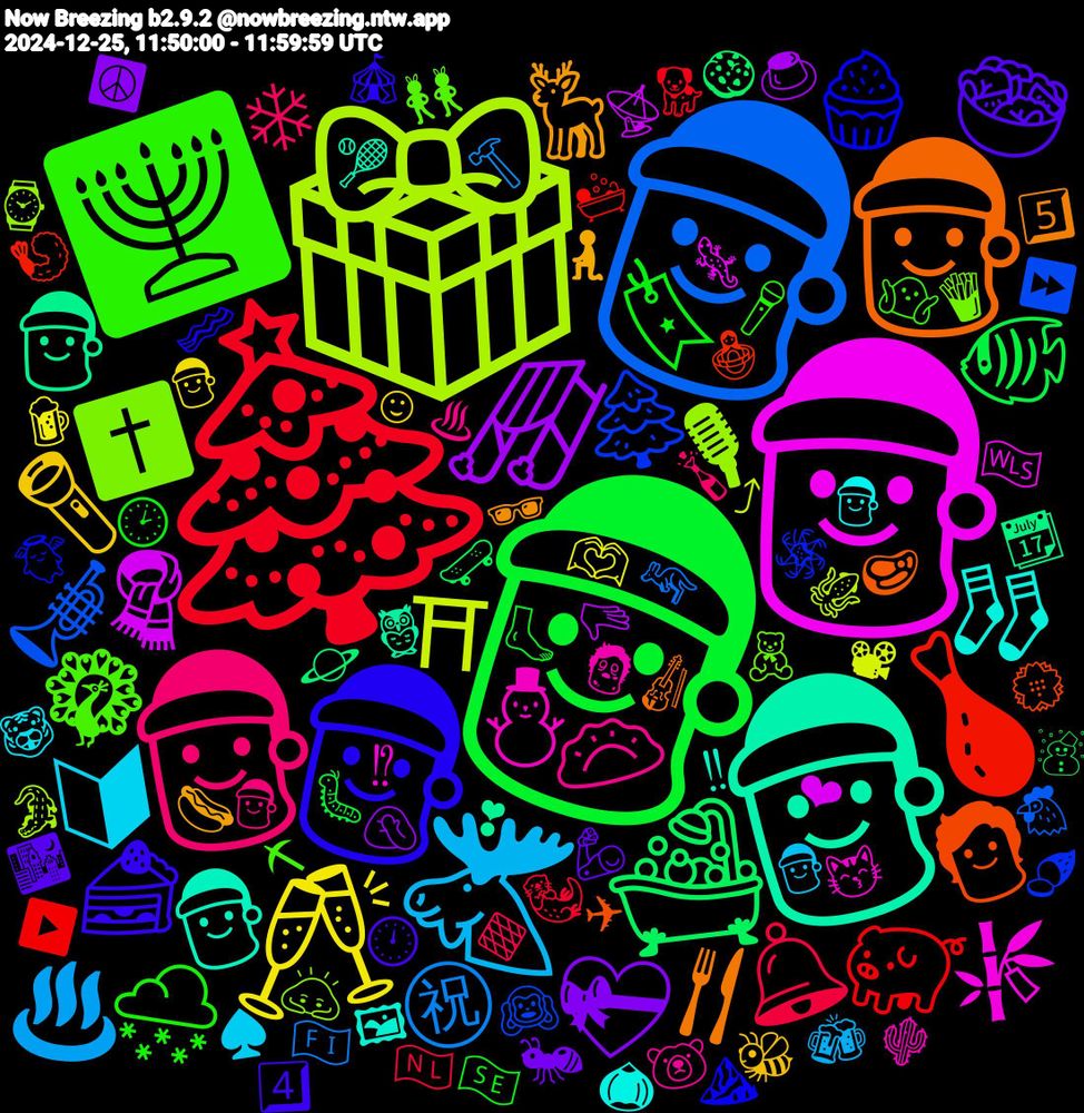 Emoji Cloud; its emojis (sorted by weighted frequency, descending):  🎅🏻, 🎄, 🎅, 🎁, 🎅🏼, 🎅🏽, 🧑‍🎄, 🤶, 🕎, 🎅🏾, ☃️, 🫎, 🥂, 🛷, 🛁, 🍗, 🌲, ✝️, ⛄, 🧦, 🦌, 🥗, 🔖, 🔔, ㊗, ⛩, 🧣, 🧑🏻‍🎄, 🧑, 🧁, 🦚, 🥟, 🔰, 🔦, 💝, 🐠, 🐖, 🎺, 🎙, 🎋, 🎅🏿, 🍴, 🍰, 🌨️, 🌟, ❄️, ❄, ♨️, ♣, ⌛, 🫶🏿, 🫳, 🪐, 🪆, 🪅, 🧸, 🧟, 🧑🏼‍🎄, 🧎, 🦾, 🦶, 🦦, 🦘, 🦑, 🦎, 🦉, 🥩, 🥓, 🤷🏽, 🤶🏿, 🤶🏾, 🤶🏼, 🤦🏻, 🛹, 🛀, 🙉, 🙇‍♀️, 😽, 🖼, 🕶️, 🕛, 🕑, 🔶, 🔨, 📽, 📡, 📆, 💮, 👼, 👯‍♀️, 🐻‍❄️, 🐯, 🐝, 🐜, 🐛, 🐕, 🐔, 🐊, 🏴󠁧󠁢󠁷󠁬󠁳󠁿, 🎾, 🎻, 🎪, 🎤, 🍾, 🍻, 🍺, 🍮, 🍪, 🍤, 🍠, 🍟, 🌵, 🌰, 🌭, 🌃, 🇸🇪, 🇳🇱, 🇫🇮, ⤴, ❤, ❣, ✈, ⛰️, ⛏, ♨, ♠️, ☺, ☮️, ☃, ▶️, ⏩, ⌚, ⁉, ‼, 5️⃣, 4️⃣