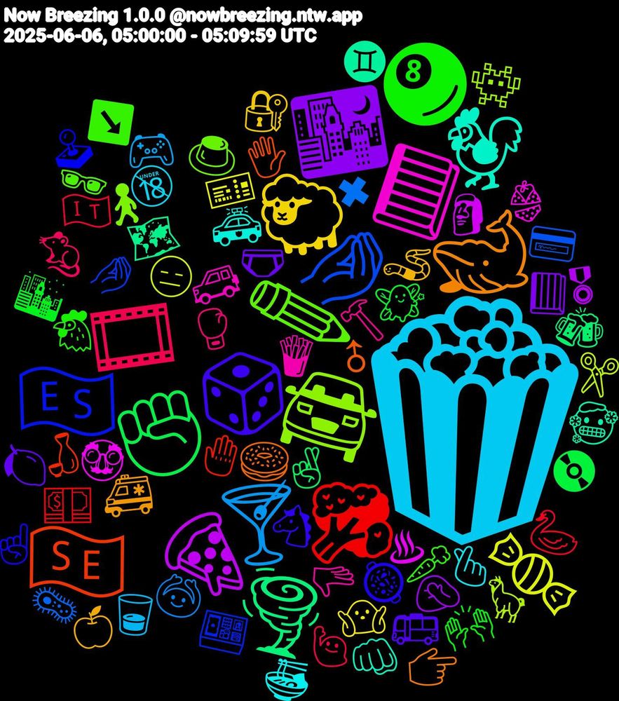 Emoji Cloud; its emojis (sorted by weighted frequency, descending):  🍿, 🐑, 🌃, ✊🏼, 🥦, 🤌🏼, 🚘, 📘, 🐓, 🐋, 🎲, 🎱, 🎞️, 🍸, 🍬, 🍕, 🌪️, 🇸🇪, 🇪🇸, ✏️, 🫳, 🫰🏻, 🪱, 🩲, 🧚‍♀️, 🦢, 🦠, 🦙, 🥸, 🥶, 🥯, 🥘, 🥕, 🥊, 🥃, 🤷🏽‍♀️, 🤦🏻‍♂️, 🤞🏾, 🤚, 🤌🏻, 🚶, 🚙, 🚓, 🚑, 🚌, 🙌🏼, 🙋🏽‍♂️, 🙆, 😑, 🗿, 🗺️, 🖐️, 🕹️, 🕶️, 🔨, 🔞, 🔐, 📕, 📀, 💵, 💳, 👾, 👙, 👊🏼, 👉🏽, 🐴, 🐔, 🐀, 🎮, 🎫, 🎖, 🍻, 🍶, 🍱, 🍮, 🍟, 🍜, 🍏, 🍋, 🌆, 🇮🇹, ✖, ✂️, ♨, ♊, ♂, ☝, ↘️