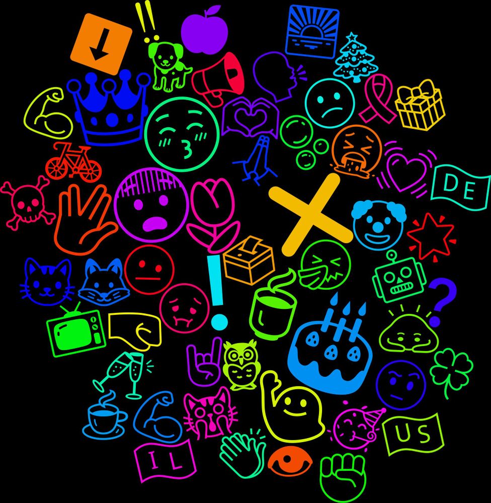 Emoji Cloud; its emojis (sorted by weighted frequency, descending):  🎂, 🙋, 😨, 😚, 🖖, 👑, 🍵, 🌷, ❗, ❌, 🫶, 🫧, 🫤, 🦊, 🦉, 🥳, 🥂, 🤮, 🤨, 🤧, 🤢, 🤡, 🤜, 🤘, 🤖, 🚲, 🙏🏽, 🙇, 🙀, 😕, 🗳️, 🗣️, 📺, 📢, 💪🏼, 💪, 💓, 👏, 👁, 🐱, 🐕, 🎗️, 🎄, 🎁, 🍎, 🍀, 🌟, 🌅, 🇺🇸, 🇮🇱, 🇩🇪, ⬇️, ❓, ✊, ☠️, ☕, ‼