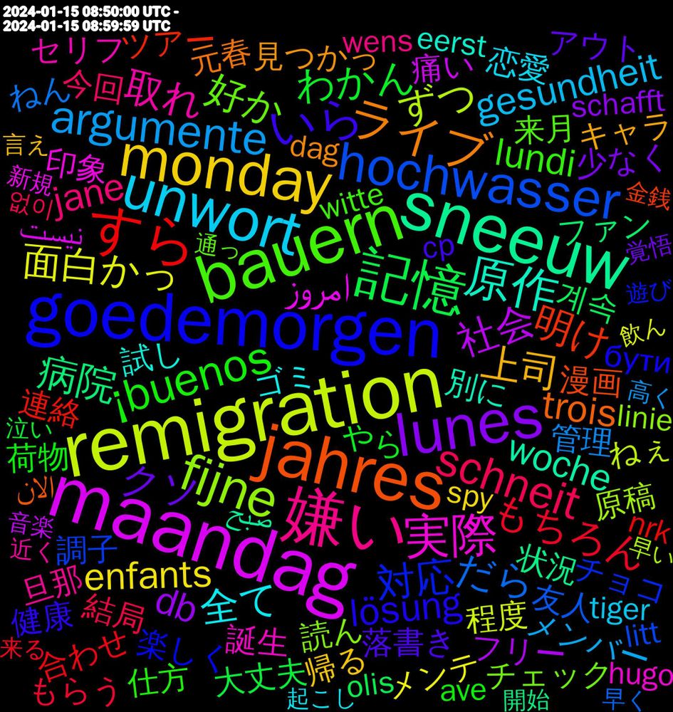 Word Cloud; its top words (sorted by weighted frequency, descending):  remigration, maandag, sneeuw, jahres, goedemorgen, bauern, 嫌い, unwort, monday, lunes, 記憶, すら, hochwasser, fijne, 実際, 原作, ライブ, いら, ¡buenos, schneit, argumente, 面白かっ, 社会, 病院, 明け, 対応, 好か, 取れ, 全て, 上司, クソ, わかん, もちろん, だら, ずつ, امروز, woche, trois, lösung, lundi, jane, gesundheit, enfants, db, 계속, 連絡, 調子, 読ん, 誕生, 試し, 見つかっ, 落書き, 荷物, 結局, 管理, 程度, 痛い, 状況, 漫画, 楽しく, 来月, 旦那, 恋愛, 帰る, 少なく, 大丈夫, 合わせ, 友人, 原稿, 印象, 別に, 元春, 健康, 仕方, 今回, メンバー, メンテ, フリー, ファン, ツアー, チョコ, チェック, セリフ, ゴミ, キャラ, アウト, やら, もらう, ねん, ねぇ, っていう, さっき, こっそり, かかっ, うれしい, نیست, صبح, الان, люблю, бути, yverdon-les-bains, witte, wens, warming, verwenden, verpasst, traktor, tiger, startet, spy, sorge, sociale, servant, scientific, scheinbar, schafft, santé, rochford, olis, nrk, normale, möchten, matin, litt, linie, kindleunlimited, inmiddels, indicator, india, hugo, houden, geändert, garage, frist, forderungen, folder, fliegen, feiern, eerst, días, dankjewel, dag, customer, cp, clearwater, caring, buenos, ave, 했는데, 없이, 高く, 飲ん, 音楽, 面白く, 間違い, 開始, 金銭, 遊び, 通っ, 近く, 起こし, 買っ, 警察, 言え, 言う, 解放, 覚悟, 見える, 衝動, 行動, 練習, 絶対, 絵描き, 終わる, 素晴らしい, 社長, 睡眠, 監督, 申し訳, 生き, 無理, 済み, 消え, 泣い, 決め, 決まっ, 来る, 本気, 本当に, 本当, 期待, 時間, 映画, 早く, 早い, 日本人, 新規, 文章, 文字, 文化
