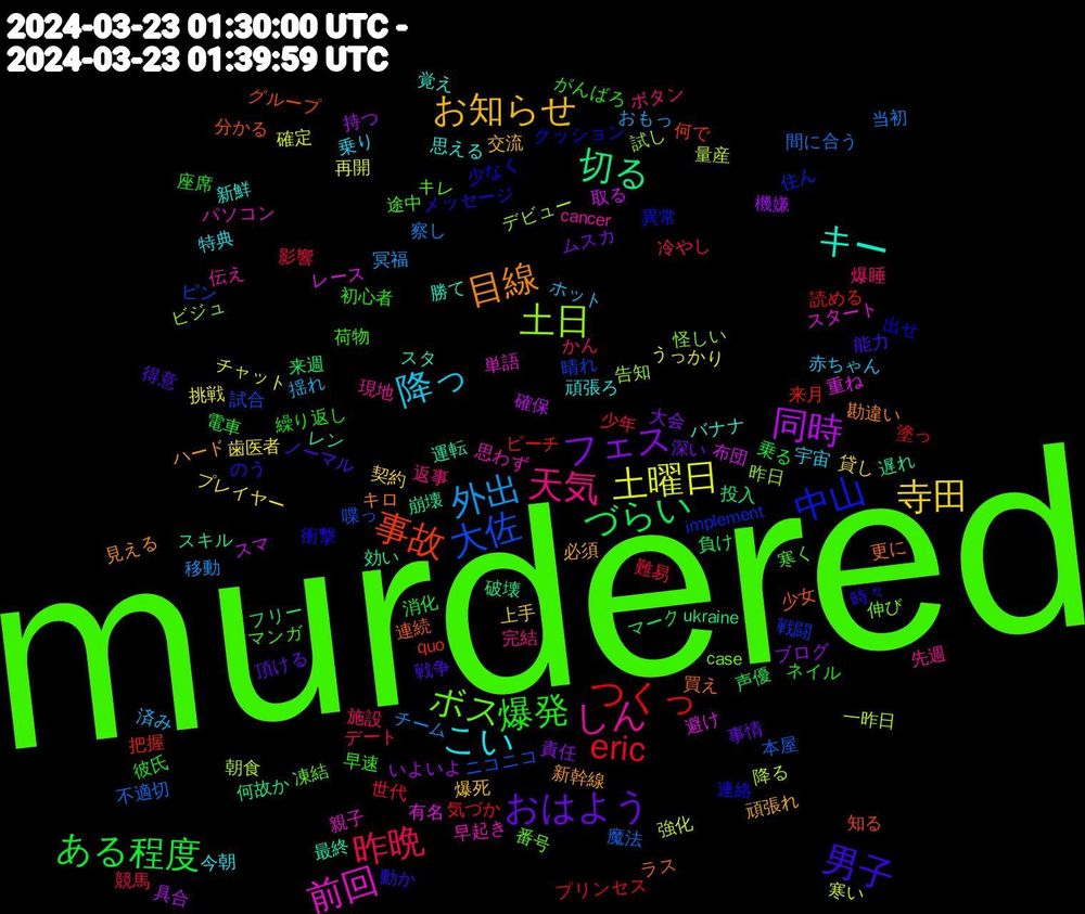 Word Cloud; its top words (sorted by weighted frequency, descending):  murdered, 天気, 降っ, 寺田, フェス, づらい, つくっ, 大佐, 土日, 前回, キー, 目線, 男子, 爆発, 昨晩, 外出, 土曜日, 同時, 切る, 事故, 中山, ボス, しん, こい, お知らせ, おはよう, ある程度, eric, 魔法, 降る, 重ね, 運転, 買え, 衝撃, 荷物, 爆睡, 済み, 歯医者, 機嫌, 来週, 来月, 晴れ, 昨日, 早起き, 新鮮, 新幹線, 戦争, 座席, 少年, 察し, 寒い, 取る, 効い, 分かる, 出せ, 凍結, 先週, 乗り, 上手, ムスカ, マーク, プリンセス, ニコニコ, デビュー, スタート, スタ, キロ, のう, がんばろ, かん, おもっ, うっかり, いよいよ, ukraine, quo, implement, case, cancer, 頑張ろ, 頑張れ, 頂ける, 電車, 難易, 間に合う, 量産, 避け, 遅れ, 連続, 連絡, 途中, 返事, 赤ちゃん, 貸し, 責任, 負け, 読める, 試合, 試し, 親子, 覚え, 見える, 能力, 繰り返し, 競馬, 移動, 確定, 確保, 破壊, 知る, 異常, 番号, 現地, 特典, 爆死, 深い, 消化, 気づか, 本屋, 朝食, 有名, 最終, 更に, 時々, 早速, 施設, 揺れ, 挑戦, 持つ, 投入, 把握, 戦闘, 怪しい, 思わず, 思える, 必須, 得意, 彼氏, 影響, 当初, 強化, 布団, 崩壊, 少女, 少なく, 寒く, 完結, 宇宙, 契約, 大会, 声優, 塗っ, 喋っ, 告知, 単語, 勝て, 勘違い, 動か, 初心者, 冷やし, 冥福, 再開, 具合, 何故か, 何で, 住ん, 伸び, 伝え, 今朝, 交流, 事情, 乗る, 世代, 不適切, 一昨日, レース, レン, ラス, メッセージ, マンガ, ボタン, ホット, プレイヤー, ブログ, フリー, ピーチ, ピン, ビジュ, パソコン, バナナ, ハード, ノーマル, ネイル, デート, チーム, チャット, スマ, スキル, グループ, クッション, キレ