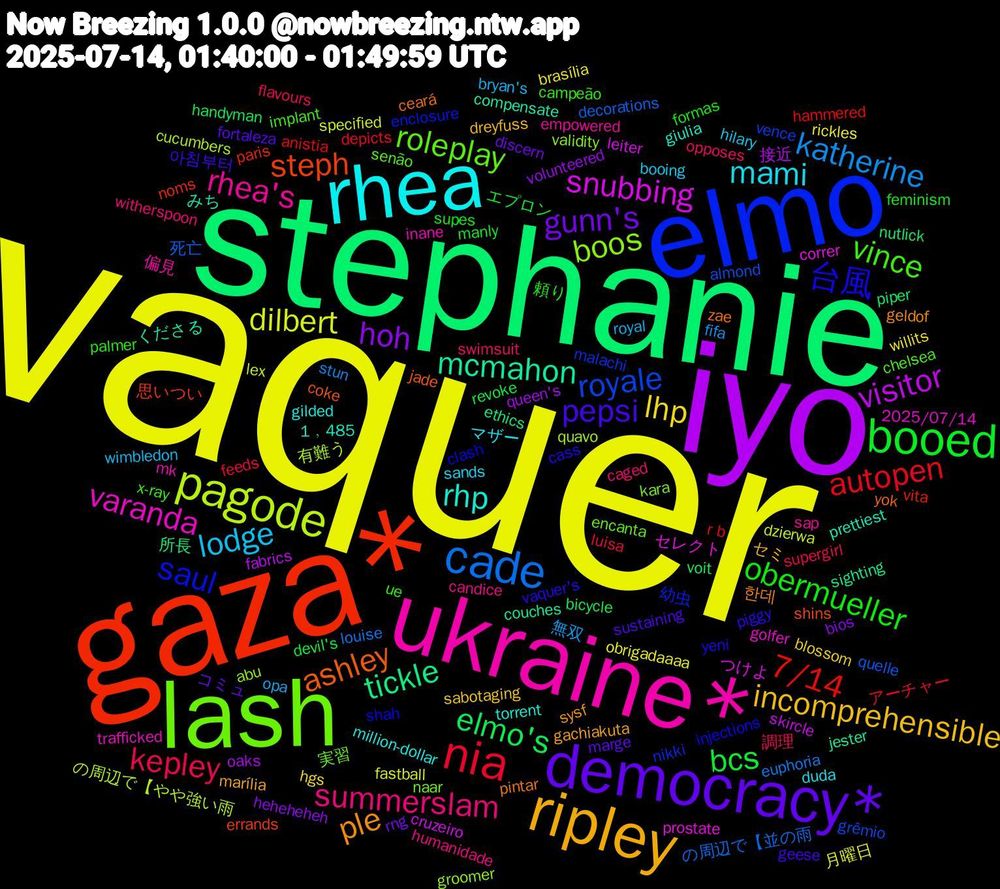 Word Cloud; its top words (sorted by weighted frequency, descending):  vaquer, iyo, stephanie, gaza*, elmo, lash, ukraine*, rhea, ripley, democracy*, booed, nia, cade, pagode, snubbing, mcmahon, ashley, 台風, vince, summerslam, lodge, lhp, hoh, elmo's, 7/14, royale, boos, varanda, rhp, ple, pepsi, obermueller, kepley, katherine, dilbert, visitor, tickle, steph, saul, roleplay, rhea's, mami, incomprehensible, gunn's, bcs, autopen, 死亡, 有難う, セレクト, みち, zae, vaquer's, ue, swimsuit, royal, rickles, queen's, piper, paris, malachi, kara, inane, gilded, gachiakuta, fortaleza, feminism, feeds, euphoria, dzierwa, cruzeiro, couches, coke, clash, chelsea, candice, booing, blossom, bios, bicycle, anistia, almond, abu, 2025/07/14, 1﹐485, 한데, 아침부터, 頼り, 調理, 無双, 月曜日, 接近, 所長, 思いつい, 幼虫, 実習, 偏見, マザー, セミ, コミュ, エプロン, アーチャー, の周辺で【並の雨, の周辺で【やや強い雨, つけよ, くださる, yok, yeni, x-ray, witherspoon, wimbledon, willits, volunteered, voit, vita, vence, validity, trafficked, torrent, sysf, sustaining, supes, supergirl, stun, specified, skircle, sighting, shins, shah, senão, sap, sands, sabotaging, rng, revoke, r+b, quelle, quavo, prostate, prettiest, pintar, piggy, palmer, opposes, opa, obrigadaaaa, oaks, nutlick, noms, nikki, naar, mk, million-dollar, marília, marge, manly, luisa, louise, lex, leiter, jester, jade, injections, implant, humanidade, hilary, hgs, heheheheh, handyman, hammered, grêmio, groomer, golfer, giulia, geldof, geese, formas, flavours, fifa, fastball, fabrics, ethics, errands, enclosure, encanta, empowered, duda, dreyfuss, discern, devil's, depicts, decorations, cucumbers, correr, compensate, ceará, cass, campeão, caged, bryan's, brasília
