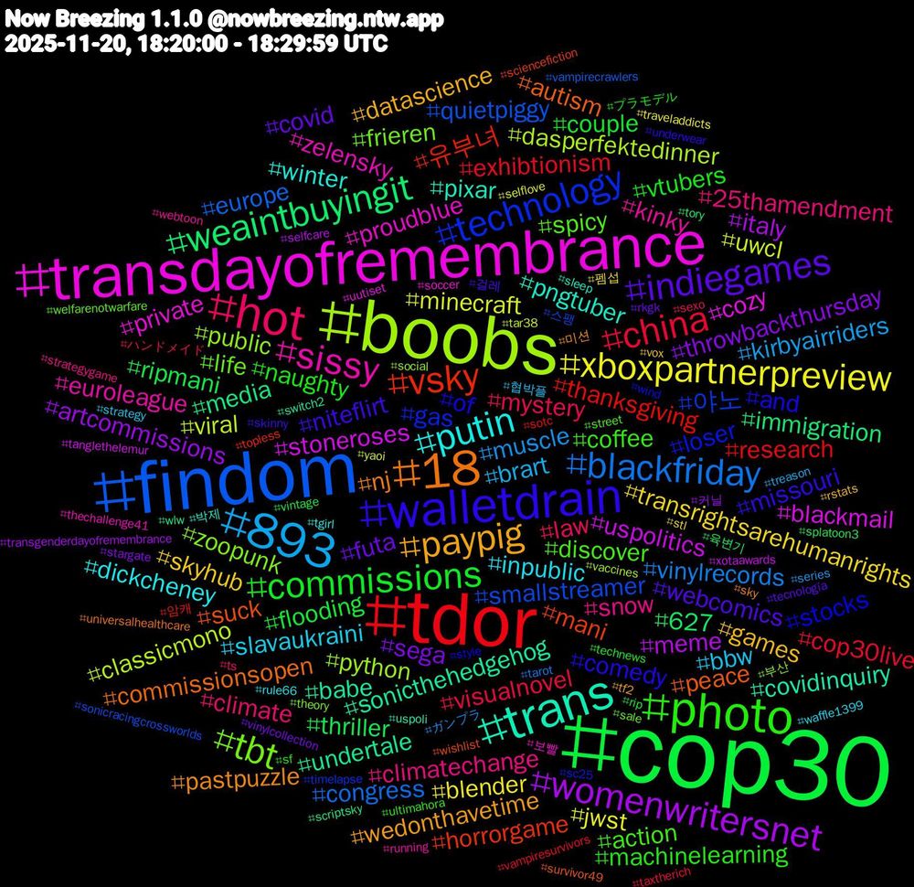 Hashtag Cloud; its hashtagged words/phrases (sorted by weighted frequency, descending):  cop30, tdor, findom, boobs, transdayofremembrance, trans, 18, walletdrain, photo, hot, 893, xboxpartnerpreview, womenwritersnet, weaintbuyingit, vsky, technology, tbt, sissy, putin, paypig, indiegames, commissions, china, blackfriday, viral, stoneroses, sonicthehedgehog, peace, of, discover, climatechange, bbw, transrightsarehumanrights, throwbackthursday, thriller, thanksgiving, smallstreamer, public, proudblue, pngtuber, pastpuzzle, niteflirt, naughty, mystery, muscle, minecraft, meme, media, mani, loser, life, kinky, inpublic, games, futa, flooding, exhibtionism, europe, dasperfektedinner, cozy, covidinquiry, commissionsopen, comedy, coffee, climate, brart, blender, artcommissions, 627, 유부녀, 야노, zoopunk, zelensky, winter, wedonthavetime, webcomics, vtubers, visualnovel, vinylrecords, uwcl, uspolitics, undertale, suck, stocks, spicy, snow, slavaukraini, skyhub, sega, ripmani, research, quietpiggy, python, private, pixar, nj, missouri, machinelearning, law, kirbyairriders, jwst, italy, immigration, horrorgame, gas, frieren, euroleague, dickcheney, datascience, covid, couple, cop30live, congress, classicmono, blackmail, babe, autism, and, action, 25thamendment, 협박플, 펨섭, 커닐, 육변기, 암캐, 스팽, 부산, 보빨, 박제, 미션, 걸레, プラモデル, ハンドメイド, ガンプラ, yaoi, xotaawards, wlw, wishlist, wind, welfarenotwarfare, webtoon, waffle1399, vox, vinylcollection, vintage, vampiresurvivors, vampirecrawlers, vaccines, uutiset, uspoli, universalhealthcare, underwear, ultimahora, ts, treason, traveladdicts, transgenderdayofremembrance, tory, topless, timelapse, theory, thechallenge41, tgirl, tf2, tecnología, technews, taxtherich, tarot, tar38, tanglethelemur, switch2, survivor49, style, street, strategygame, strategy, stl, stargate, splatoon3, sotc, sonicracingcrossworlds, social, soccer, sleep, sky, skinny, sf, sexo, series, selflove, selfcare, scriptsky, sciencefiction, sc25, sale, running, rule66, rstats, rkgk, rip