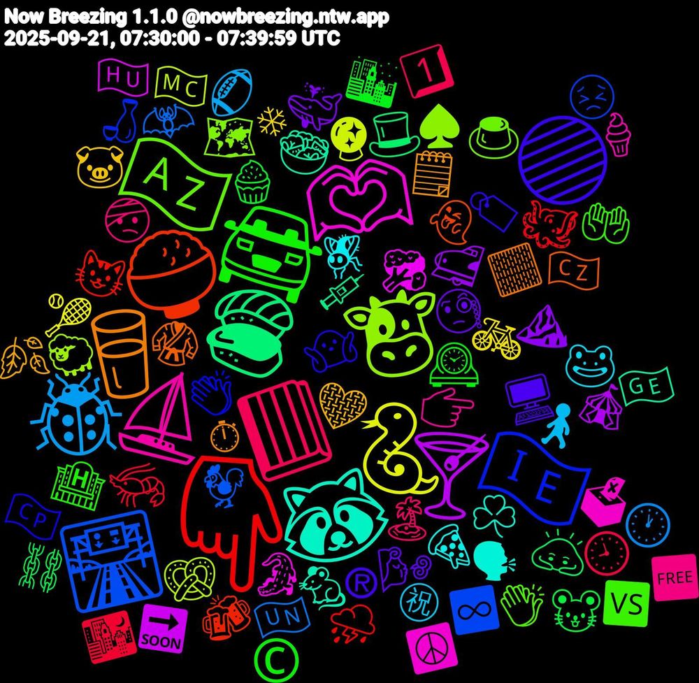 Emoji Cloud; its emojis (sorted by weighted frequency, descending):  👇🏻, 🛣️, 🐮, 🫶🏾, 🦝, 🥛, 🟣, 🚘, 📕, 🐞, 🐍, 🍸, 🍣, 🍚, 🇮🇪, 🇦🇿, ⛵, 🪰, 🩶, 🧐, 🧁, 🦐, 🦇, 🥨, 🥦, 🥗, 🥋, 🤷🏻, 🤲🏻, 🤕, 🚶‍♀️, 🚲, 🚅, 🙇🏻, 😺, 😣, 🗺️, 🗳, 🗣, 🗒️, 🖥️, 🕰️, 🕘, 🕐, 🔮, 🔜, 💉, 👻, 👏🏾, 👏🏻, 👉🏼, 🐸, 🐷, 🐳, 🐭, 🐙, 🐓, 🐑, 🐊, 🐁, 🏻, 🏷️, 🏨, 🏝️, 🏈, 🎾, 🎪, 🎩, 🍻, 🍶, 🍮, 🍦, 🍕, 🍂, 🌬️, 🌆, 🌃, 🇺🇳, 🇲🇨, 🇭🇺, 🇬🇪, 🇨🇿, 🇨🇵, 🆚, 🆓, ㊗, ❄, ⛰️, ⛓️, ⛈️, ♾️, ♠️, ☮️, ☘️, ⏱, ®, ©️, 1️⃣