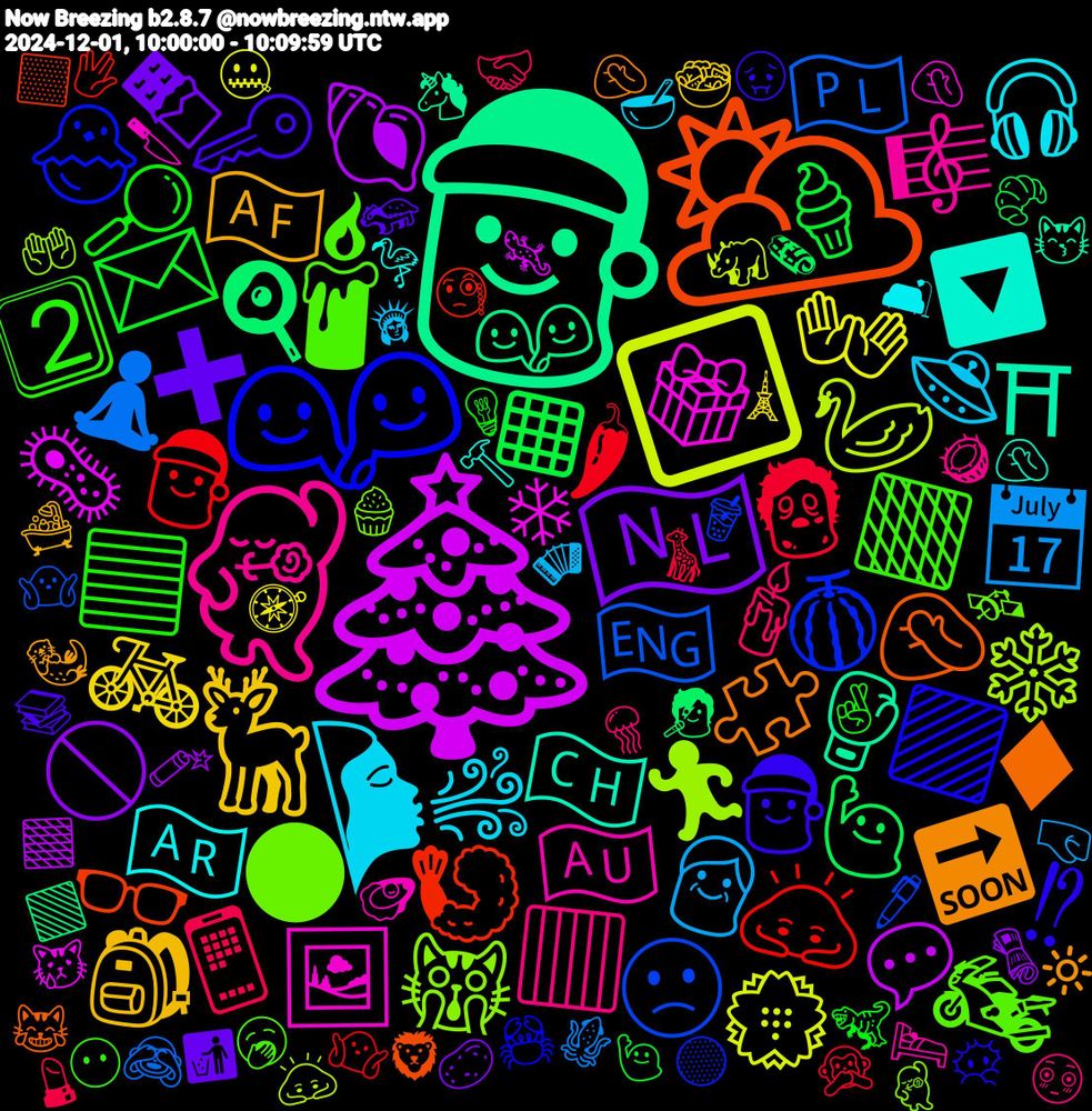 Emoji Cloud; its emojis (sorted by weighted frequency, descending):  ◽, 🎄, 🎅, 🌥️, 👫, 🕯, 💃🏻, 🌬, 🦌, 🇳🇱, ◾, 🧑‍🎄, 🏴󠁧󠁢󠁥󠁮󠁧󠁿, 🏃🏿‍♂️, 🎁, 🇨🇭, 🧩, 🤶, 🟦, 🕯️, 👴, 👐, 🐚, 🍳, 🍤, 🍈, 🌑, 🇦🇺, 🇦🇷, 🇦🇫, ➕, ✉️, 🧟, 🧘🏻‍♀️, 🦢, 🦠, 🥊, 🤦🏽‍♀️, 🟪, 🟧, 🟥, 🛸, 🚲, 🚫, 🙋‍♂️, 🙇🏻, 🙁, 🙀, 🖼️, 🔽, 🔜, 🔑, 🔎, 📱, 📅, 💮, 💬, 👭, 👓, 🐣, 🏍️, 🎼, 🎧, 🎒, 🎅🏻, 🍲, 🍰, 🍫, 🍦, 🍏, 🌶, 🌵, 🌲, 🌫️, 🌐, 🌏, 🇺🇦, 🇵🇱, 🇯🇵, 🇮🇹, 🇮🇪, 🇬🇪, 🇪🇸, 🆘, ⬜, ⬅️, ❄️, ❄, ✊🏿, ✊🏼, ⛩, ⚓, ♦, ♀️, ⁉, 2⃣, 🪼, 🪗, 🧭, 🧨, 🧑‍🎤, 🧐, 🧋, 🧁, 🦪, 🦩, 🦦, 🦡, 🦖, 🦒, 🦑, 🦏, 🦎, 🦄, 🦁, 🦀, 🥱, 🥥, 🥣, 🥗, 🥔, 🥐, 🤷🏾‍♀️, 🤷🏽, 🤲🏾, 🤦🏼‍♂️, 🤦🏻, 🤦‍♂️, 🤢, 🤞, 🤝🏼, 🤜, 🤐, 🟫, 🟩, 🟨, 🟡, 🛰️, 🛌, 🛋, 🛁, 🚮, 🙋🏼‍♀️, 🙊, 🙈, 🙇‍♂️, 😿, 😽, 😹, 😶‍🌫️, 😶, 😳, 😗, 😊, 😉, 😇, 😀, 🗽, 🗼, 🗞️, 🗞, 🗓️, 🖖, 🖊️, 🕺🏻, 🕣, 🕘, 🕓, 🕑, 🔼, 🔵, 🔴, 🔪, 🔨, 🔟, 🔔, 🔒, 🔆, 📽️, 📩, 📞, 📝, 📚, 📖, 💶, 💪🏻, 💪, 💩, 💢, 💡, 💌, 💇, 💆‍♀️, 💄, 👾, 👼, 👺, 👱🏼‍♀️, 👥, 👒