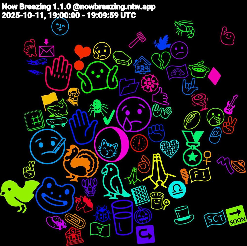 Emoji Cloud; its emojis (sorted by weighted frequency, descending):  🐸, 🐦‍⬛, 🌖, 🦜, 🦃, 🥛, 🤷🏾‍♂️, 🤚, 🤒, 🙏🏾, 😢, 🏅, ❣, ✋🏻, 🫢, 🪒, 🩶, 🧣, 🦞, 🦐, 🦄, 🤟, 🤞🏽, 🤙🏼, 🛹, 🛸, 🛫, 🙏🏽, 🙋🏼‍♀️, 😽, 😥, 😕, 🕷️, 🕕, 🕊, 🔜, 📩, 📙, 📎, 📂, 💔, 💃🏻, 👶, 👩‍🍳, 👒, 👐, 👌🏼, 🐞, 🐋, 🏵️, 🏴󠁧󠁢󠁳󠁣󠁴󠁿, 🏴, 🏳️‍🌈, 🏳️‍⚧️, 🏦, 🏚️, 🏉, 🎸, 🎩, 🎙, 🎃, 🍲, 🌪️, 🌝, 🇫🇮, 〽️, ✔, ✌🏿, ✊🏽, ⚰️, ♦️, ♎, ♀, ↪️, #️⃣