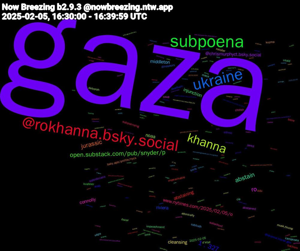 Word Cloud; its top words (sorted by weighted frequency, descending):  gaza, subpoena, @rokhanna.bsky.social, ukraine, khanna, ro, abstain, jurassic, 1﹐327, open.substack.com/pub/snyder/p, www.nytimes.com/2025/02/05/o, middleton, cleansing, @chrismurphyct.bsky.social, injunction, abstaining, riviera, noaa, connolly, mace, kuzma, ethnic, kushner, freire, khris, ethnically, abstained, usaid, bibi, @khanna.house.gov, óscar, waterfront, usps, rooster, palestinians, oms, hackers, dinosaurs, deborah, coup, cia, bsky.app/profile/nycs, arab, 2025-02-05, subpoenaing, sabbath, musk/trump, jared, impeachment, impeachable, dearborn, d'etat, choisir, campuses, www.theguardian.com/world/2025/f, whiteness, stein, shipments, semantics, protests, penises, open.substack.com/pub/therickw, nancy, murphy, limpeza, hopkins, gazans, fetterman, domestically, congressperson, condos, bsky.app/profile/atru, boardman, biden/harris, beachfront, authorization, abracadabra, @fetterman.senate.gov, 50501, 2025/02/05, 17.30, ベンチマーク, étnica, www.wsj.com/politics/elo, www.nytimes.com/2025/02/05/u, untold, trump/musk, trayvon, toolkit, takeover, staiy, saudis, sabotaging, rubiales, resettle, protested, parcels, oversight, outlandish, ostensibly, medicare, maryland, hump, hijacking, heist, giannis, geographic, gentlelady, fluids, eradicate, dismantling, disbanded, demolition, crockett, condemnation, chuckled, cargan, buyout, boné, bondi, bluster, birthright, benchmark, audacious, apnews.com/article/isra, administración, abetting, 2/5/2025, 1m, 11.30, 05/02/2025, états-unis, écrire, youtu.be/xmv95cnine4, www.washingtonpost.com/immigration, www.politico.com/news/2025/02, www.newsweek.com/texas-democr, wizards, wiles, wednesday, waitangi, violating, verkar, unelected, uncommitted, treasury, tix, swasticars, swasticar, supplied, spreadsheets, specialists, snyder.substack.com/p/of-course-, sign.moveon.org/petitions/te, sherman, seizing, seaside, sanewashing, resort, relocating, randle, quarta-feira, protesting, protest, proposing, ppv, postal, pam, palestinian, outlined, open.substack.com/pub/jefftied, o'donnell, netanyahu's, netanyahu, musk's, mileage, meteen, madman, l'onu, jurado, johns, inocentes, illegality, hydrate, grasping, gizmodo.com/elon-musks-e, genocide, fundamentally, extremo, expelled, escalation, enhances, electeds, defunding, constituency, condemns, cobol, cms, cleanse, chord