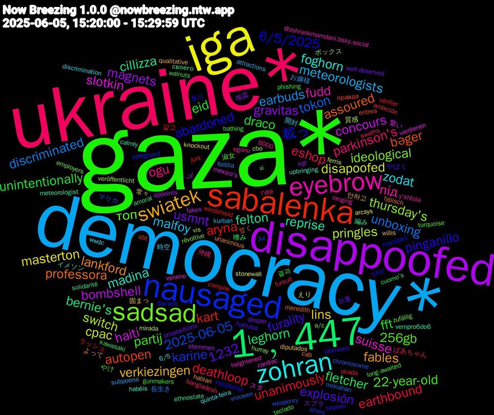 Word Cloud; its top words (sorted by weighted frequency, descending):  gaza*, ukraine*, democracy*, iga, disappoofed, 1﹐447, sabalenka, nausaged, sadsad, eyebrow, zohran, swiatek, draco, deathloop, unboxing, pringles, haiti, felton, assoured, abardoned, 22-year-old, ogu, malfoy, lins, gravitas, fletcher, aryna, 2025-06-05, thursday's, suisse, madina, lankford, furality, fft, eshop, earbuds, disapoofed, bombshell, bernie's, autopen, 載っ, топ, під, zodat, verkiezingen, usmnt, unintentionally, unanimously, tokon, switch, slotkin, reprise, professora, pinganillo, partij, parkinson's, meteorologists, masterton, magnets, leghorn, kart, karine, ideological, fudd, foghorn, fables, explosión, eid, earthbound, discriminated, cpac, concours, cillizza, bəger, 6/5/2025, 256gb, 1232, 開封, 固まっ, スプラ, xi, windshield, weaponry, veröffentlicht, veneno, upbringing, unanimous, uiteraard, teclado, swaths, subpoena, stonewall, stemmen, solidarité, sbt, safeguard, rëvoltive, ranging, quinta-feira, qualitative, propositions, phishing, okada, monahan, mirada, mexico's, meteorologist, meredith, mamdani, long-awaited, l'été, kurban, knockout, kjp, kawasaki, juni, jul, hurray, heightened, habéis, hablan, hablaba, gunmakers, fursuit, flotilla, ferris, fakes, ethnostate, eritrea, equatorial, employers, egonu, discrimination, diputados, desper, cuomo's, compile, chromosome, cbo, cardiac, calmly, cab, bayram, bathing, bangladesh, attractions, arcsys, appoints, amoral, ambición, alters, a/c, @zohrankmamdani.bsky.social, 6000, 6/5, 안하고, 보통, 결과, 같고, 長生き, 質感, 繋い, 編み, 甘く, 焦り, 淑女, 沖縄, 時空, 常々, 地震, 嗜み, ラッシュ, マリカ, ボックス, スタ, イメソン, よって, やばく, やけ, ばあちゃん, お嬢様, えり, اون, своего, правда, багато, zufällig, y'shtola, wwdc, willis, well-deserved, walnuts, vérifier, vrouwen, vis, verdienen, vempro6do6, typisch, tutor, turquoise