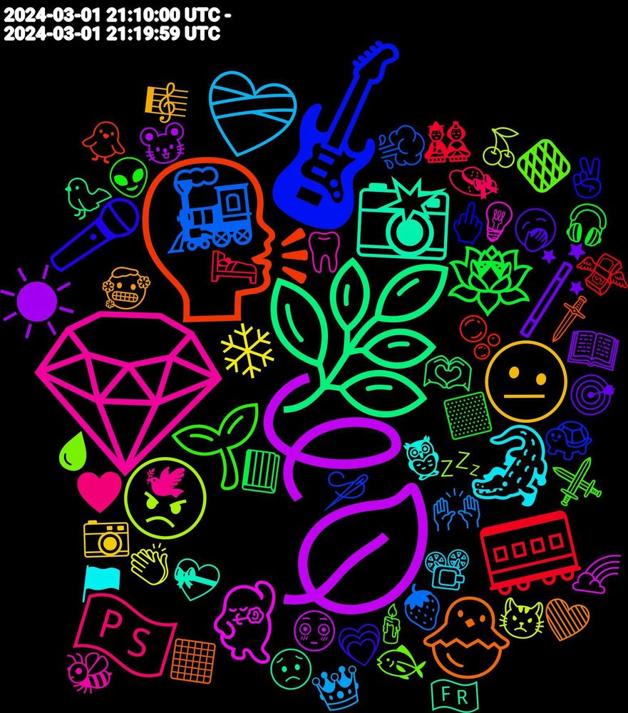 Emoji Cloud; its emojis (sorted by weighted frequency, descending):  🍃, 🌿, 🗣️, 🎸, 🔸, 💎, 🐊, 🫤, 🪄, 🪷, 🚃, 🚂, 😠, 🕺, 📸, 🐣, 🎤, 🌱, 🇵🇸, ❤️‍🩹, ❄, ☀, 🫶🏻, 🫧, 🪡, 🩸, 🦷, 🦉, 🥶, 🥱, 🟨, 🛌, 🙌🏻, 😾, 😳, 😟, 🗡️, 🖕, 🕯️, 🕊, 📽️, 📷, 📖, 📕, 💸, 💨, 💤, 💡, 💝, 💚, 💗, 👽, 👒, 👑, 👏, 🐭, 🐦, 🐥, 🐢, 🐟, 🐝, 🏴, 🎼, 🎯, 🎧, 🎎, 🍓, 🍒, 🌈, 🇫🇷, ⬛, ✌🏻, ⚔️, ♥️