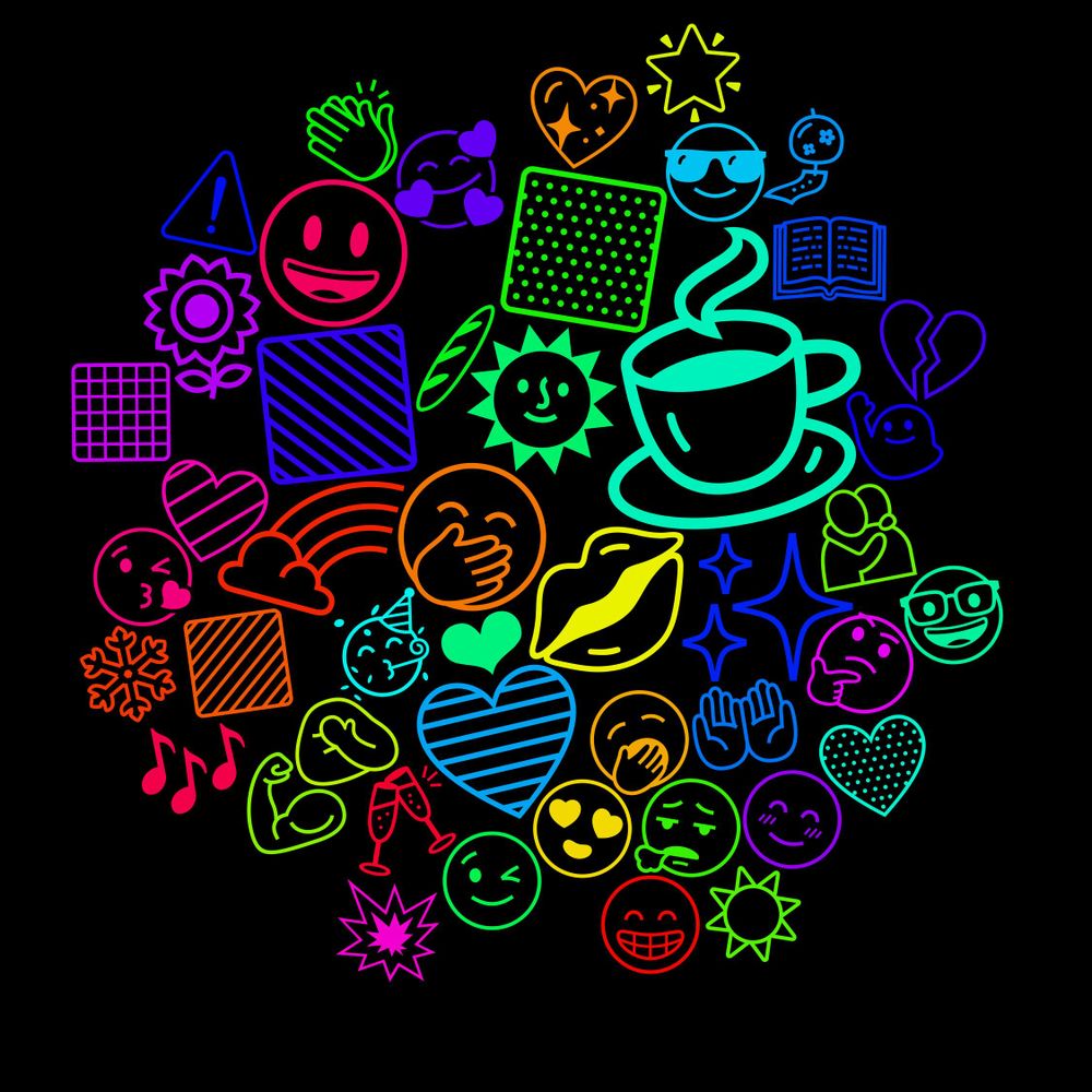 Emoji Cloud; its emojis (sorted by weighted frequency, descending):  ☕, 🤭, 🟩, 🟨, 😃, 💙, 💋, 🌻, 🌞, 🌈, ✨, 🫂, 🩷, 🥳, 🥱, 🥰, 🥖, 🥂, 🤲, 🤦🏻‍♀️, 🤔, 🤓, 🟪, 🙋🏻‍♀️, 😮‍💨, 😘, 😎, 😍, 😊, 😉, 😁, 📖, 💪, 💥, 💛, 💖, 💔, 👏🏼, 🎶, 🎐, 🌟, ⬛, ❤, ❄️, ⚠️, ☀️