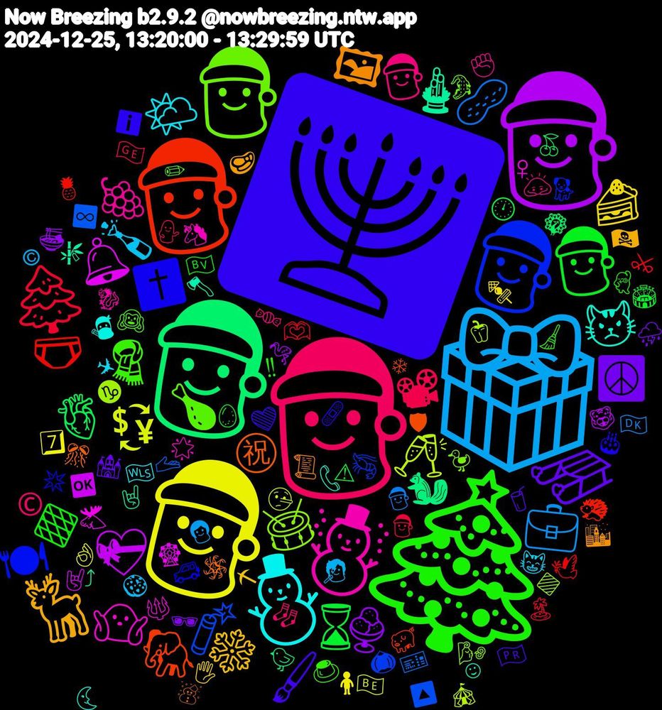 Emoji Cloud; its emojis (sorted by weighted frequency, descending):  🕎, 🎄, 🎅, 🎁, 🤶, 🎅🏼, 🎅🏻, 🎅🏿, 🧑‍🎄, 🎅🏾, ☃️, ⛄, 🦌, 🛷, 🎅🏽, 🌲, 🥜, 🥂, 🔔, 🎍, ㊗, ✝️, 🧣, 🧑🏻‍🎄, 🍾, 🍰, 🍨, 🫀, 🩲, 🧨, 🥁, 🤷🏻, 😾, 🖼, 🖌️, 🔶, 📽, 💼, 💱, 💝, 🐿, 🐘, 🍽, 🍗, 🍇, 🌤️, ❄️, ☮️, ⌛, 🫶🏾, 🫴, 🫑, 🫎, 🪓, 🪅, 🩹, 🧹, 🧦, 🧑‍🎤, 🧍‍♂️, 🦩, 🦚, 🦔, 🦐, 🦆, 🦄, 🥷, 🥩, 🥤, 🥚, 🤶🏼, 🤶🏻, 🤥, 🤘🏼, 🤘🏻, 🛡, 🚙, 🙉, 🙇🏻, 😸, 🖐, 🕶️, 🕛, 🕊️, 🔼, 🔷, 🔱, 📞, 📜, 💚, 💃🏻, 💁‍♂️, 👩, 👌🏼, 🐯, 🐤, 🐖, 🐕, 🐊, 🐉, 🏴󠁧󠁢󠁷󠁬󠁳󠁿, 🏴‍☠️, 🏰, 🏟️, 🏝️, 🎫, 🎪, 🎡, 🎋, 🎊, 🎂, 🍮, 🍬, 🍪, 🍢, 🍜, 🍒, 🍍, 🌰, 🌬️, 🌟, 🌜, 🌆, 🇵🇷, 🇳🇴, 🇬🇪, 🇩🇰, 🇧🇪, 🆗, ⤴, ❄, ✴️, ✏, ✊🏽, ✈, ⛏, ⛈️, ⚠, ⚔, ♾️, ♑, ♀, ☺, ☃, ℹ️, ‼, ©️, ©, 7️⃣