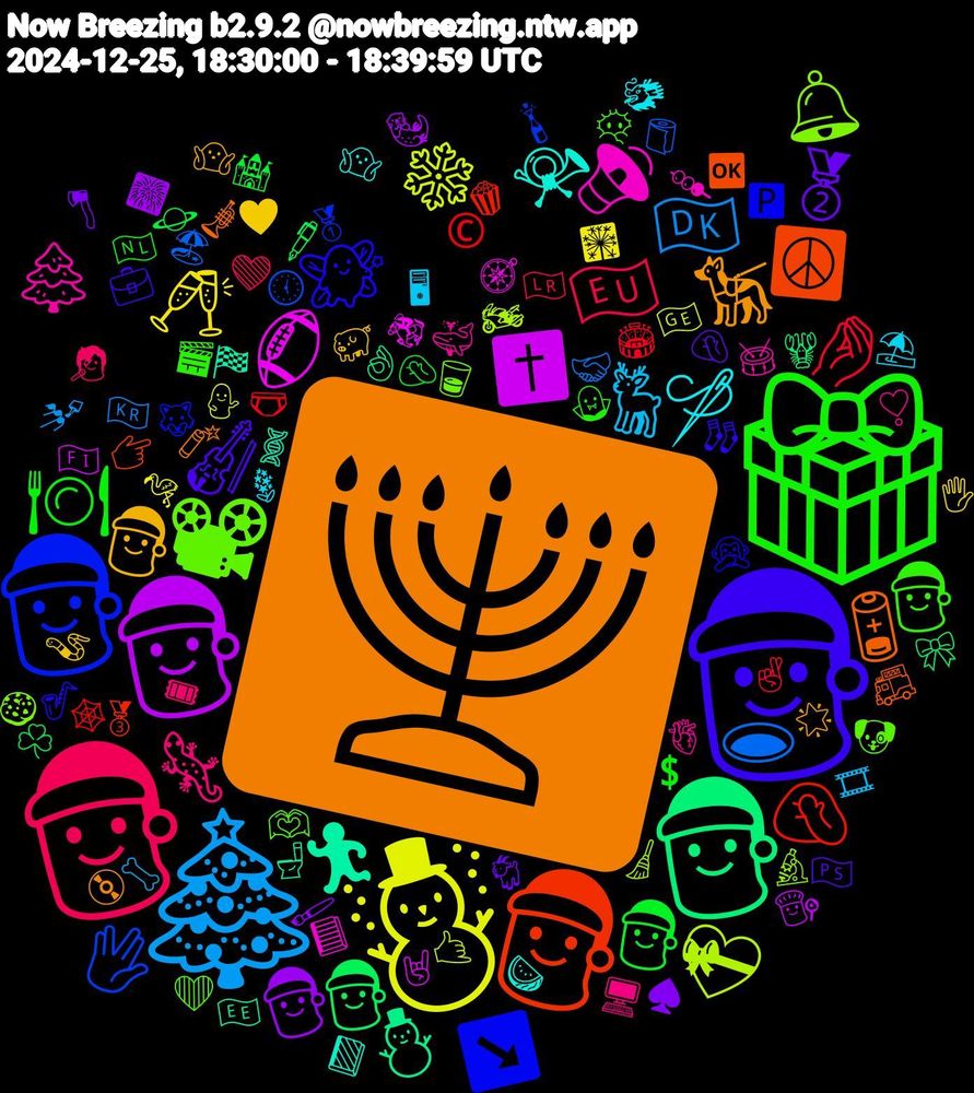 Emoji Cloud; its emojis (sorted by weighted frequency, descending):  🕎, 🎅🏼, 🎁, 🎅🏾, 🎄, ☃️, 🎅🏻, 🤶, 🎅🏽, 🎅, 📽, 🌲, 🪡, 🧑‍🎄, 🥈, 🤶🏻, 🤌🏼, 🕳️, 💝, 🏈, 🏃‍♀️, 🪫, 🧚, 🧑🏻‍🎄, 🦎, 🦌, 🥂, 🤶🏽, 🤶🏼, 🤦🏾‍♂️, 🖖🏻, 🔔, 🔉, 📯, 🐕‍🦺, 🎻, 🍽️, 🇪🇺, 🇩🇰, ❄️, ✝️, ⛄, ☮️, ↘️, 🫶🏾, 🫀, 🪻, 🪱, 🪓, 🪐, 🩲, 🧻, 🧹, 🧭, 🧬, 🧨, 🧦, 🧛🏻, 🧑‍🎤, 🦴, 🦩, 🦦, 🦞, 🥉, 🥇, 🥃, 🥁, 🤷🏽‍♂️, 🤷🏽‍♀️, 🤦🏼‍♂️, 🤦🏻‍♀️, 🤞🏽, 🤝🏾, 🤙, 🤘🏼, 🚽, 🚒, 🙊, 😶‍🌫️, 🖥️, 🖥, 🖐, 🖌️, 🖋️, 🕸️, 🕔, 🔬, 📘, 📗, 💿, 💼, 💲, 💚, 💅, 💁‍♀️, 👨‍🍳, 👌🏽, 👉🏽, 🐺, 🐶, 🐳, 🐲, 🐖, 🐐, 🏰, 🏟️, 🏖️, 🏍️, 🏇, 🏁, 🎺, 🎷, 🎬, 🎟, 🎞, 🎇, 🎆, 🎀, 🍿, 🍾, 🍪, 🍡, 🍉, 🌟, 🇵🇸, 🇳🇱, 🇱🇷, 🇰🇷, 🇬🇪, 🇫🇮, 🇪🇪, 🆗, 🅿️, ❤️, ❣️, ⛱️, ♥️, ♠️, ☘️, ©️