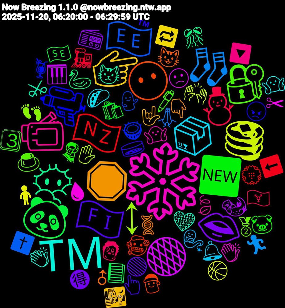 Emoji Cloud; its emojis (sorted by weighted frequency, descending):  ❄️, ™️, 🛑, 🇫🇮, 🆕, ⛄, 🧦, 🥞, 🟠, 😶‍🌫️, 😶, 🔫, 🔐, 📹, 📦, 👉🏼, 👄, 🐼, 🇳🇿, 🇪🇪, ↕, 🩸, 🩶, 🧬, 🧫, 🧣, 🧟‍♂️, 🧞, 🧍, 🦦, 🦢, 🥶, 🥥, 🥈, 🤷🏽‍♂️, 🤷‍♂️, 🤟🏻, 🟢, 🛍️, 🚂, 🙏🏽, 🙌🏽, 🙁, 😾, 😺, 😠, 🖊️, 🔽, 🔔, 🔁, 📻, 📘, 💮, 💁‍♂️, 👣, 👏🏾, 👏🏽, 👇🏾, 👆, 🐷, 🏳️‍⚧️, 🏃, 🏀, 🎹, 🎊, 🎅, 🍹, 🍮, 🍃, 🌮, 🌃, 🉐, 🇸🇪, ⬅️, ✝️, ✋🏻, ✂, ⚔, ♂, ™, 3⃣