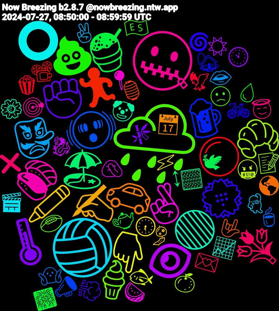 Emoji Cloud; its emojis (sorted by weighted frequency, descending):  🌧️, 🤐, 🏐, 🖍️, 🌡, 🍧, ⚪, 🫨, 🥐, 🤞🏻, 🟢, 🚗, 💮, 💩, 💐, 👺, 👇🏻, 👁, 🏖️, 🏃, 🍺, 🍦, 🍣, ⭕, ✍️, ✊🏻, 🫖, 🦅, 🤷, 🤬, 🤦🏼‍♀️, 🤡, 🤟, 🚲, 🙁, 😇, 🕺, 🕡, 🕙, 🕊, 📽️, 📣, 📝, 📍, 📈, 📅, 💨, 💧, 💌, 👄, 🐟, 🐉, 🏻, 🏮, 🏡, 🏉, 🎯, 🎬, 🎐, 🎋, 🎆, 🍿, 🍵, 🍊, 🍉, 🌼, 🌎, 🌀, 🇪🇸, ❌, ✌🏻, ⚡, ☀️, ↕