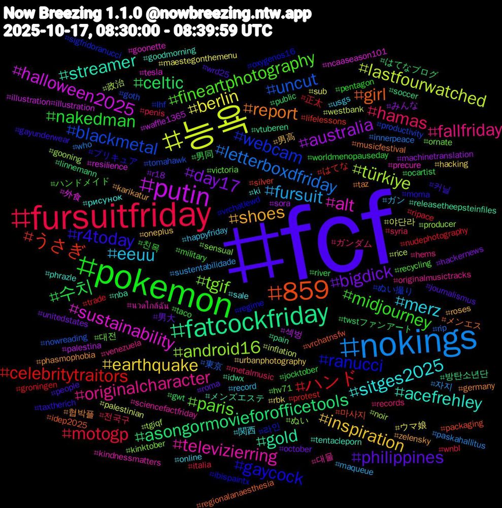 Hashtag Cloud; its hashtagged words/phrases (sorted by weighted frequency, descending):  fcf, pokemon, fursuitfriday, nokings, 능욕, putin, fatcockfriday, 859, ranucci, paris, originalcharacter, merz, inspiration, bigdick, 수치, ハンド, uncut, türkiye, sustainability, streamer, report, r4today, midjourney, hamas, fursuit, berlin, australia, asongormovieforofficetools, うさぎ, webcam, tgif, televizierring, sitges2025, shoes, philippines, nakedman, motogp, letterboxdfriday, lastfourwatched, halloween2025, gold, girl, gaycock, fineartphotography, fallfriday, eeuu, earthquake, day17, celtic, celebritytraitors, blackmetal, android16, alt, acefrehley, 협박플, 커닐, 친목, 전국구, 자지, 야단라, 섹벙, 방탄소년단, 마사지, 라인, 대전, 대물, 関西, 男高, 男大, 男同, 正太, 東京, 政治, 外食, メンズエステ, メンエス, プリキュア, ハンドメイド, ガンダム, ガン, ウマ娘, みんな, はてなブログ, はてな, ぬい撮り, ぬい, นวดใกล้ฉัน, рисунок, zelensky, wrd25, worldmenopauseday, wnbl, who, westbank, waffle1365, vtuberen, vrchatnsfw, vrchatlewd, victoria, venezuela, usgs, urbanphotography, unitedstates, twstファンアート, trade, tomahawk, tgiqf, tesla, tentacleporn, taz, taxtherich, taco, syria, sustentabilidade, sub, sora, soccer, silver, sigfridoranucci, sensual, sciencefactfriday, sale, roses, roma, river, ripace, rip, rice, resilience, releasetheepsteinfiles, regionalanaesthesia, regime, recycling, records, record, rbk, r18, public, protest, productivity, producer, precure, phrazle, phasmophobia, people, pentagon, penis, paskahallitus, palestinian, palestina, pain, packaging, oxygenos16, ornate, originalmusictracks, online, oneplus, october, ocartist, nudephotography, nowreading, noir, ncaaseason101, nba, musicfestival, moma, military, metalmusic, maqueue, maestegonthemenu, machinetranslation, linnemann, lifelessons, lhf, kinktober, kindnessmatters, ki, karikatur, journalismus, jocktober, italia, innerpeace, inflation, illustration#illustration, idwx, idep2025, ibispaintx, hv71, hems, happyfriday, hacking, hackernews, gwt, groningen, goth, gooning, goonette, goodmorning, germany, gayunderwear