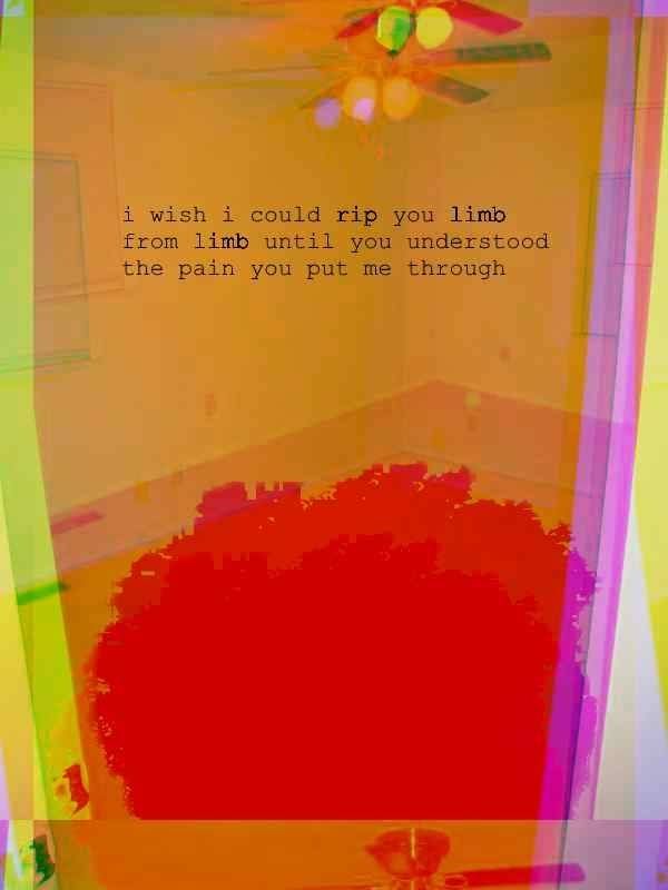 An altered image of an empty room with what appears to be heavily pixelated blood on the floor. There's text in the middle of the image reading: "i wish i could RIP you LIMB from LIMB until you understood the pain you put me through"
