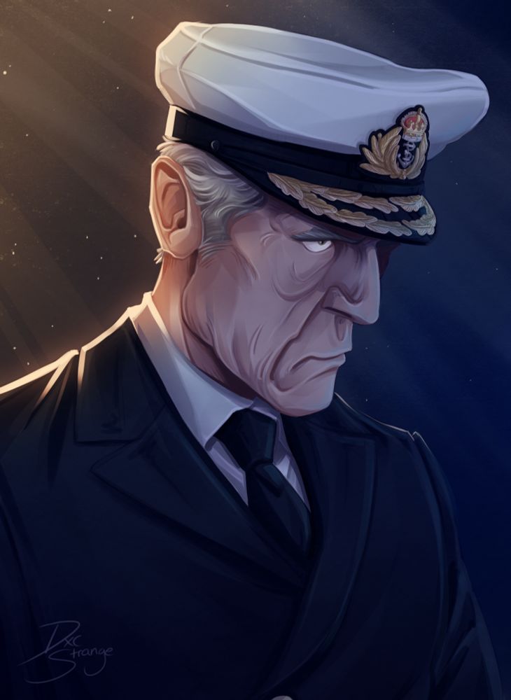 an artwork of Stephen Dillane as Rear Admiral Shaw from the BBC series "Vigil". He is staring off camera into the shadows with a menacing glare, while a beam of warm light shines onto him from behind.