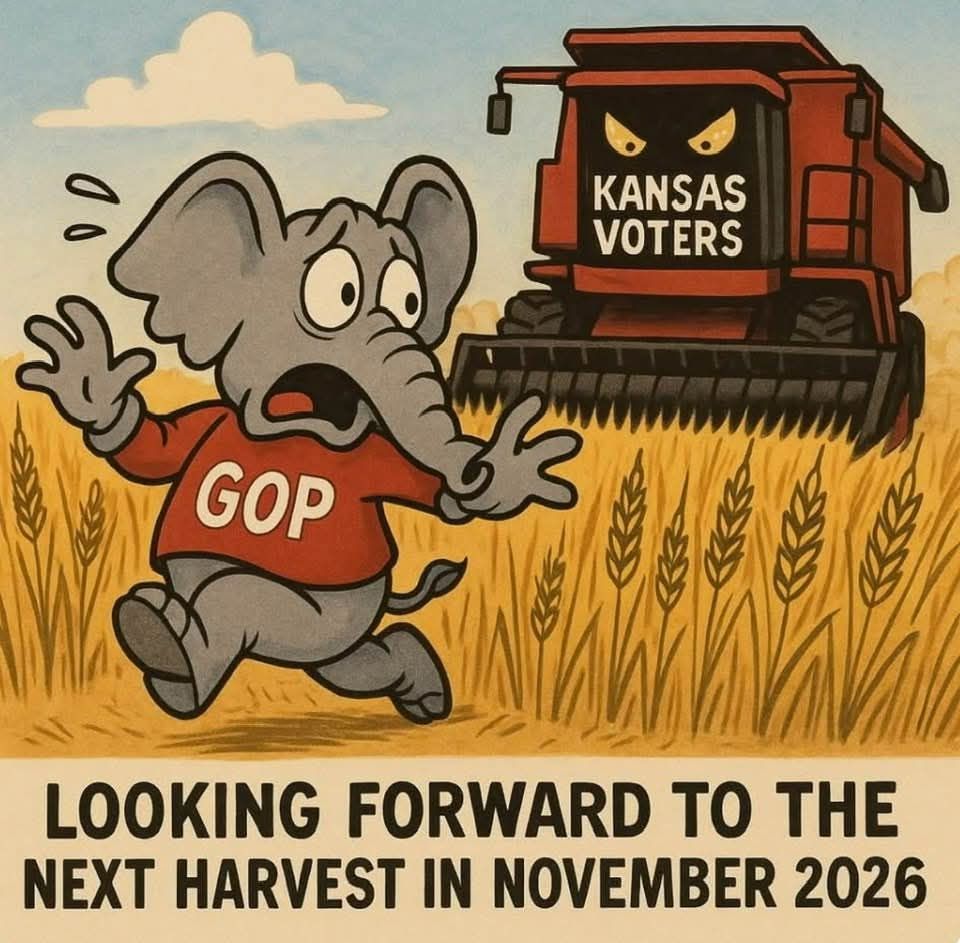 A cartoon image of an elephant wearing a shirt that says "GOP" running through a wheat field being chased by a tractor with mad eyes that reads "Kansas voters." Text at the bottom says "Looking forward to the next harvest in November 2026."
