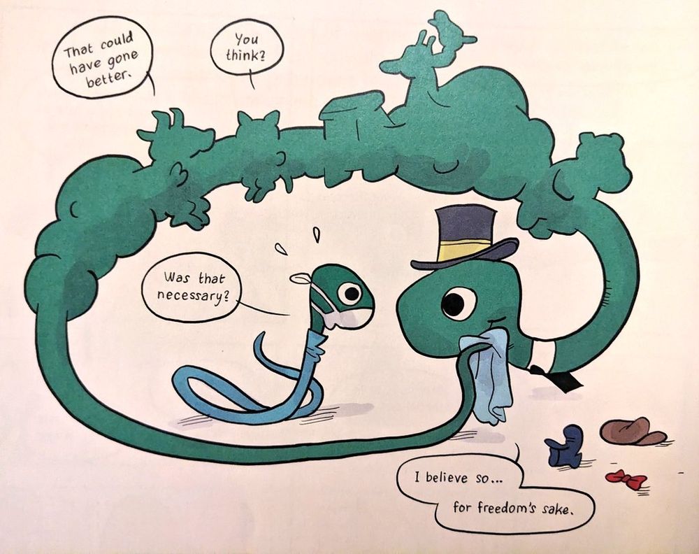 Richard Scarry cartoon snake holding a napkin to its mouth talking to another doctor snake with two animals inside the one who just ate too much saying, "That could have gone better" and "You think?" Doctor Snake asks, "Was that necessary?" and the one appearing to almost eat its tale responds, "I believe so...for freedom's sake."
