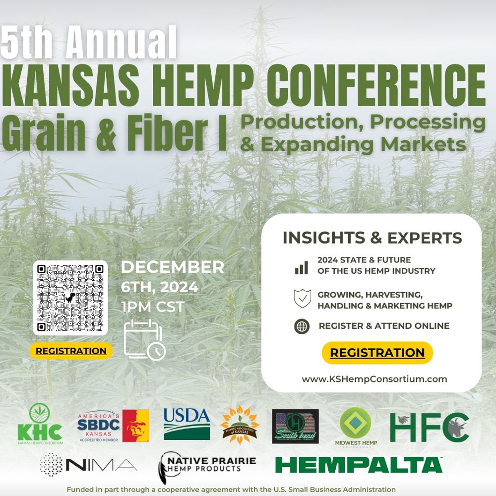 5th annual Kansas hemp conference for grain & fiber producers, processing and expanding markets. Taking place online through the QR code and attached link at 1:00pm CST, Friday December 6th.