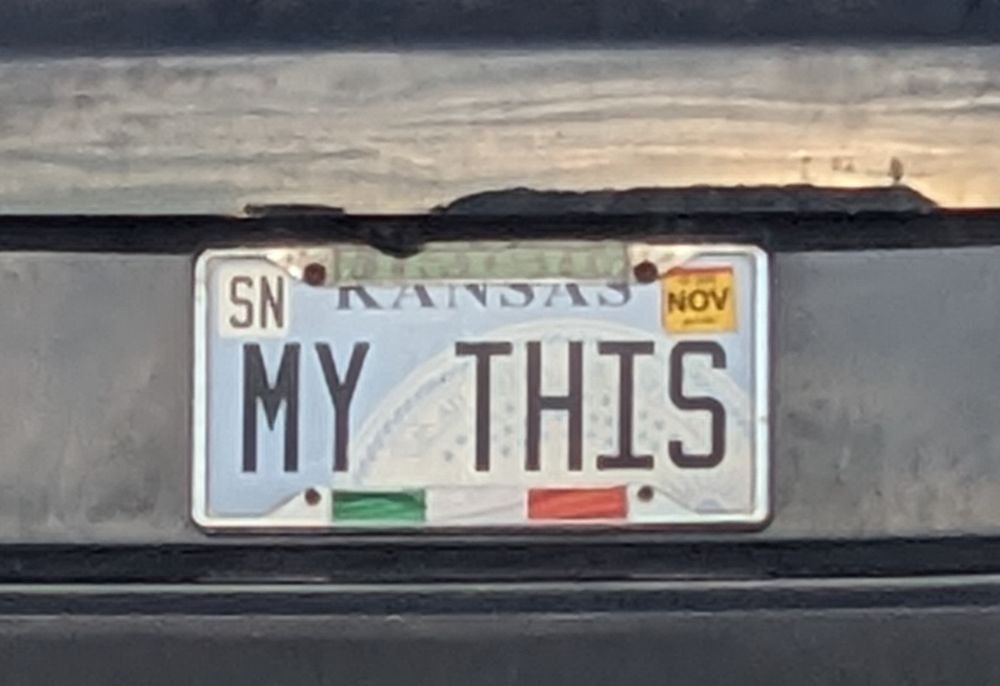 Kansas, Shawnee County vanity license plate that reads, "My This"