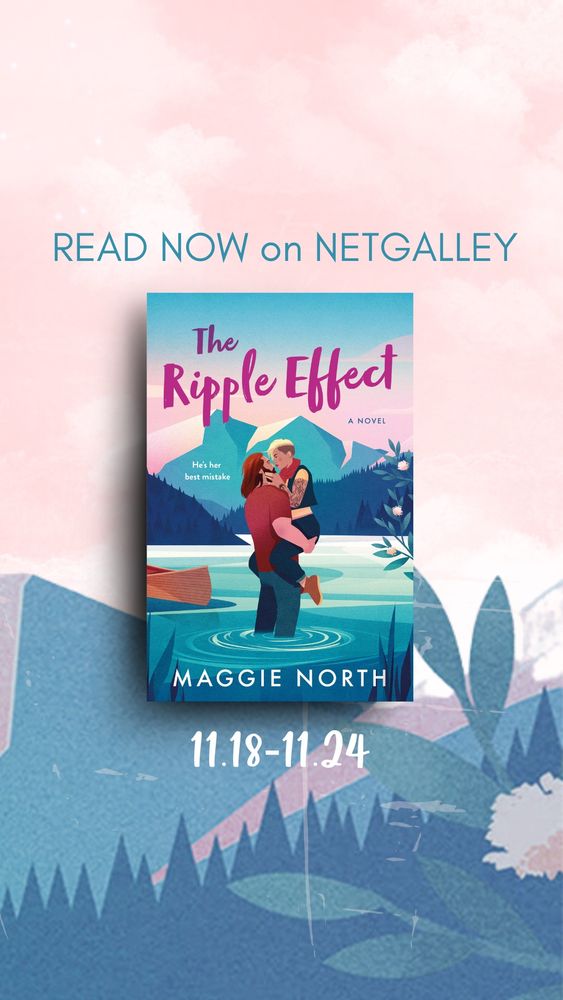 Book cover of THE RIPPLE EFFECT: a tall redheaded man with a full beard stands in a blue mountain river, ripples spreading from his legs. He’s holding a small blonde woman in his arms, her legs around his waist. She’s got an undercut and a strong face; she reaches to touch his face with one tattooed arm. Canada never looked so hot