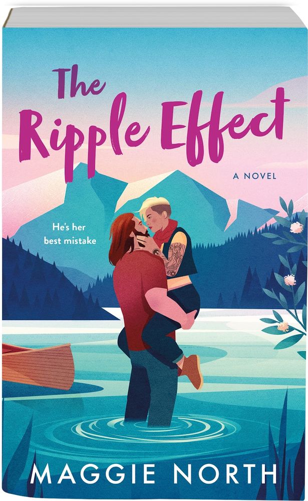 Cover of THE RIPPLE EFFECT - tall bearded ginger man standing in a mountain river, holding a woman with a blonde undercut in his arms
