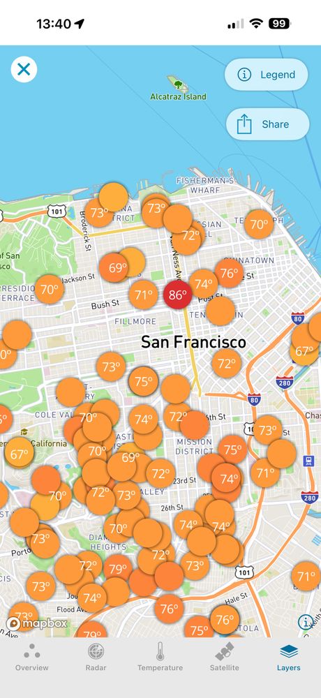 Screenshot of a map of San Francisco from weather underground where most of the temperatures are in the mid 70s except one near van ness which reads 87