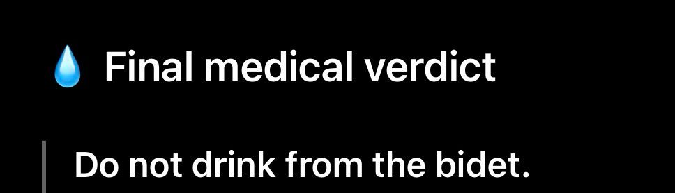 ChatGPT: “Final medical verdict
Do not drink from the bidet.”