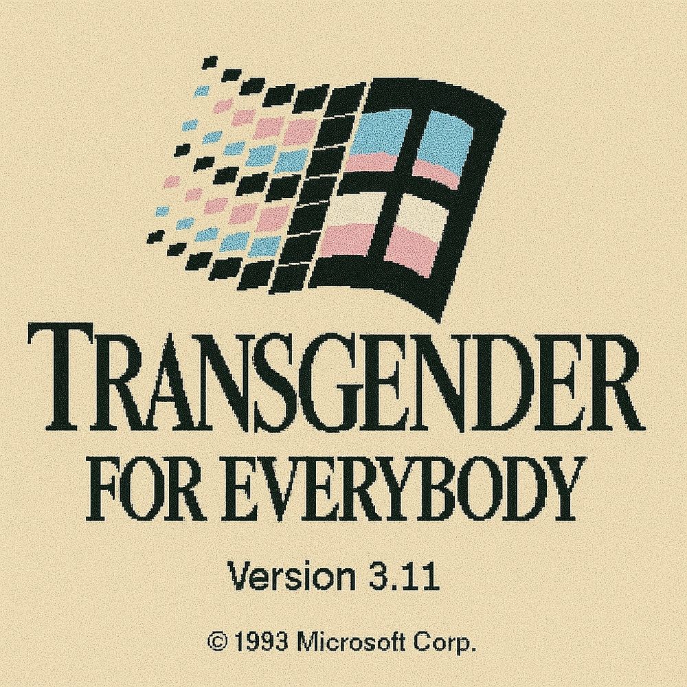 A mock “Transgender for Everybody” logo styled after the Windows for Workgroups 3.11 logo. 