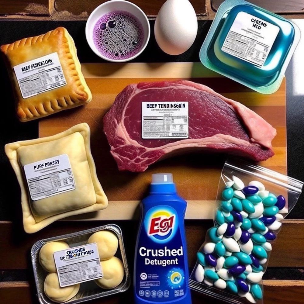 The ingredients for Beef Wellington a la Tide Pod with labels