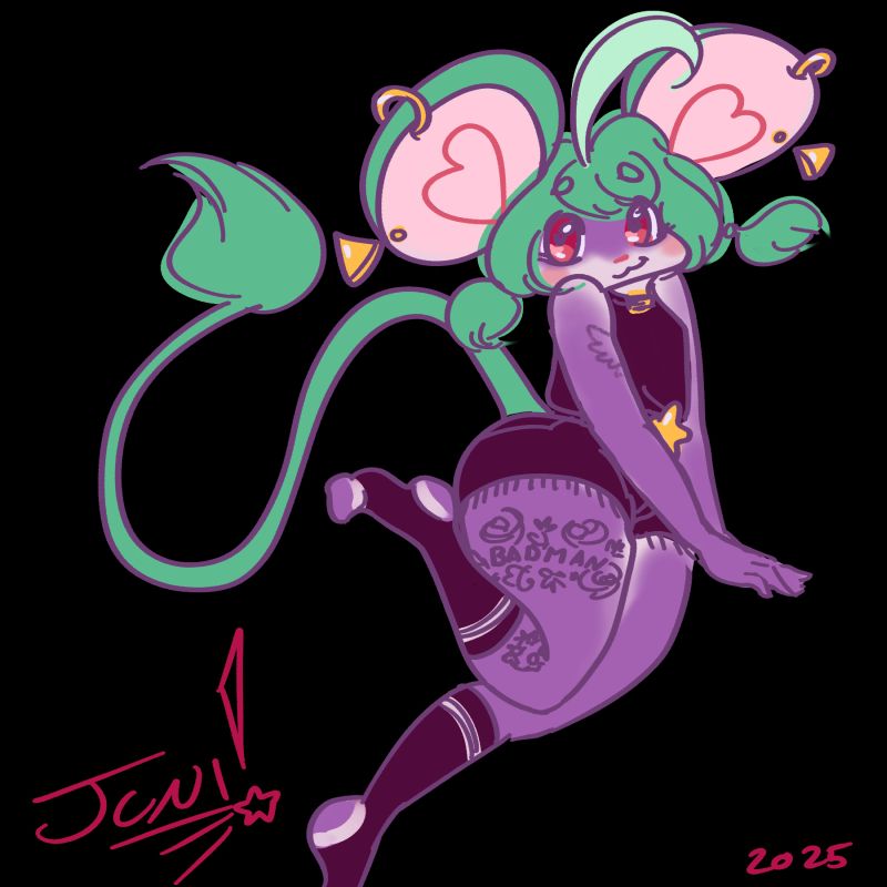 A curvy femboy mouse fursona, with purple Siamese-point fur pattern and green hair, ears, and tail. He has several tattoos: a Kuriboh on his right calf, the word "BADMAN" on his right thigh surrounded by roses and honeysuckle flowers, and the wing of an eagle is visible on his right upper arm.