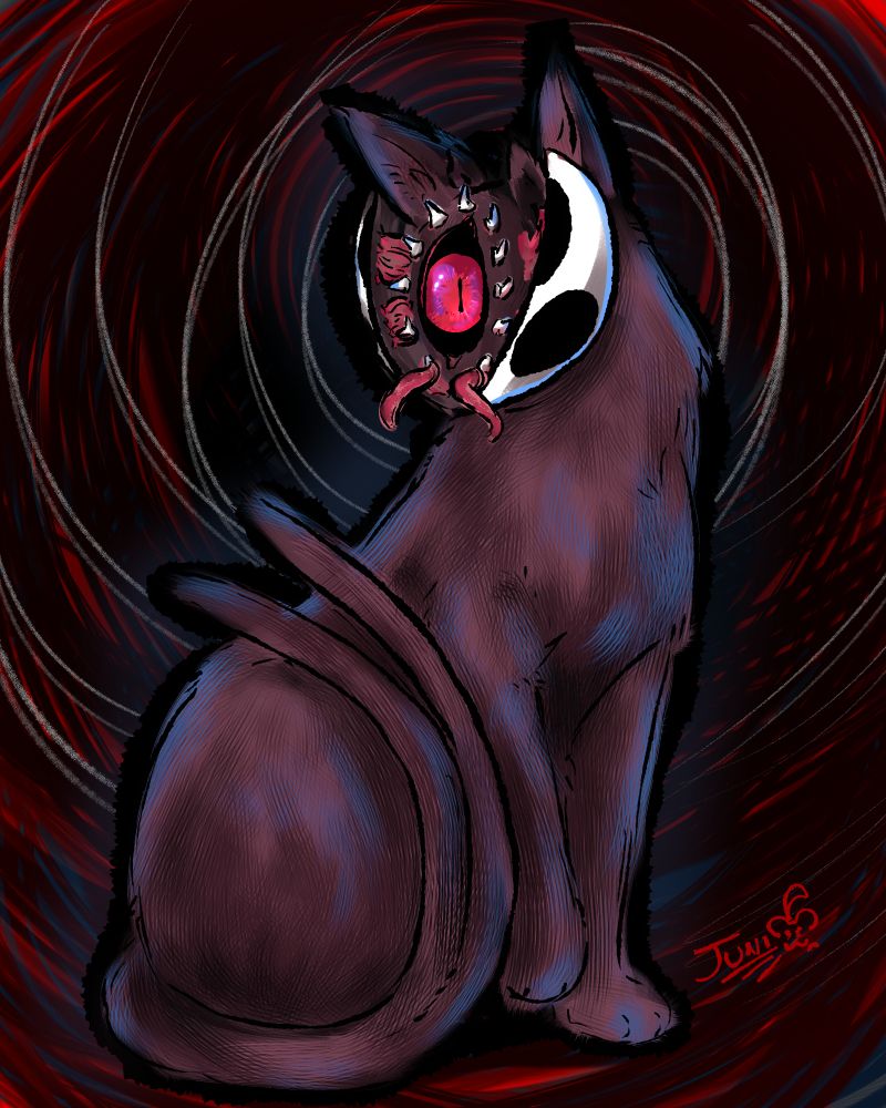 A black cat stares at the viewer with one monstrous, sideways eye. The black and white mask coveriing its face is split in two, showing that it is held in place with strange ribbons of flesh. Beneath it lays the red eye, ringed with a circle of lamprey-like teeth. The background is a dizzying swirl of colors, drawing you in.