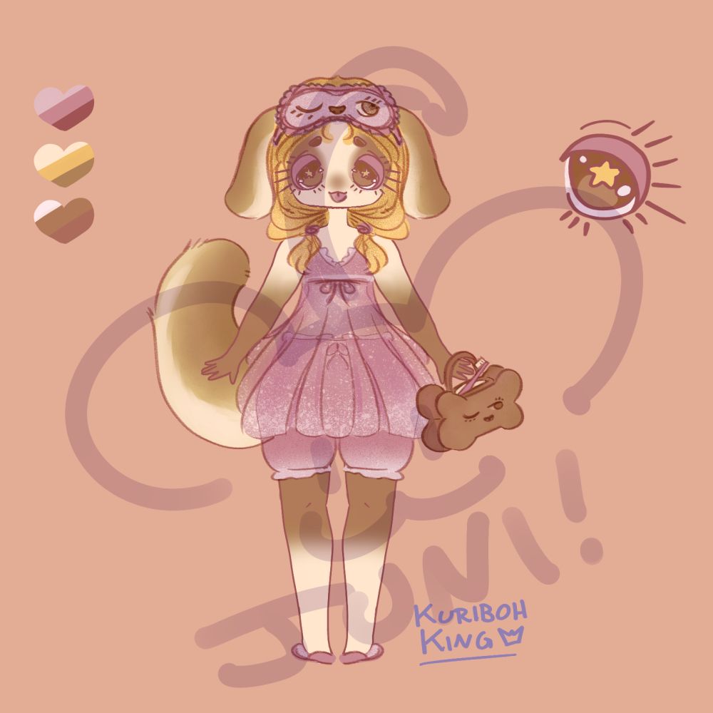 A girlishly dressed flop-eared dog adoptable in a sleepover theme