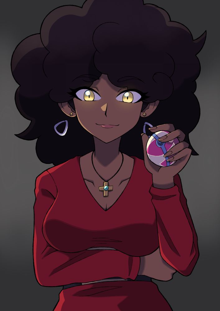 Artwork of Cami preparing to face down a trainer. She is wearing her red belted Champion Dress and Mega Cross Necklace. She is holding a heal ball in her left hand. Her golden eyes have a backlit glow showing her aura powers are awakening