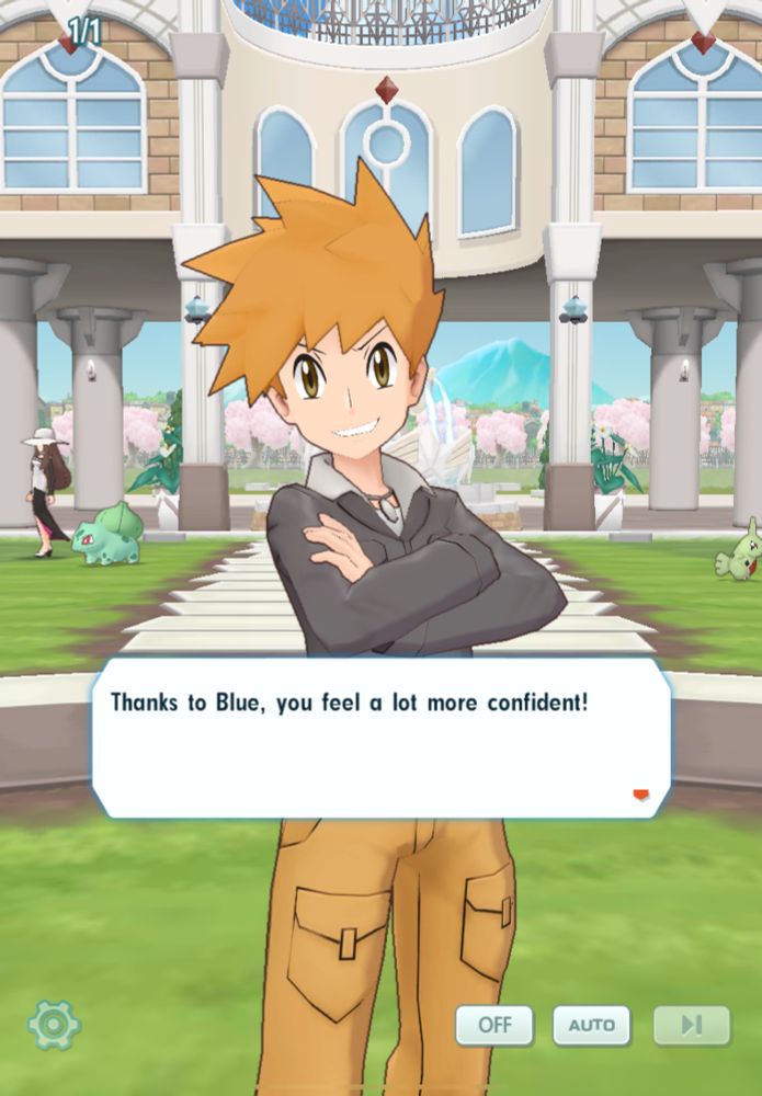 Screenshot of Pokémon Master EX of Blue at the Pasio academy with the caption saying “thanks to Blue, you feel a lot more confident!”