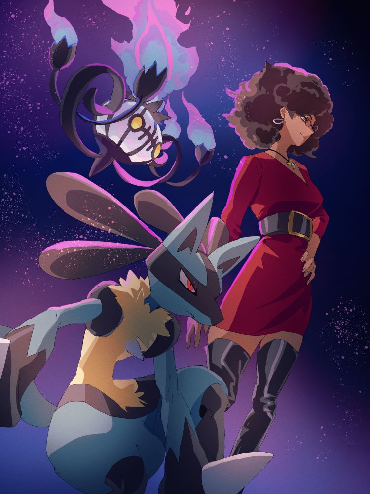 gorgeous artwork of Cami as a Champion preparing to have a double battle against an off-screen opponent with her Chandelure and Lucario by her side