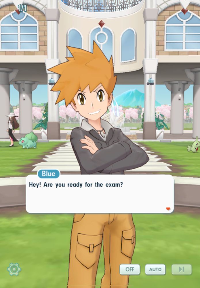 Screenshot of Pokémon Masters EX showing Blue at the Pasio academy saying “Hey, Are you ready for the exam?”