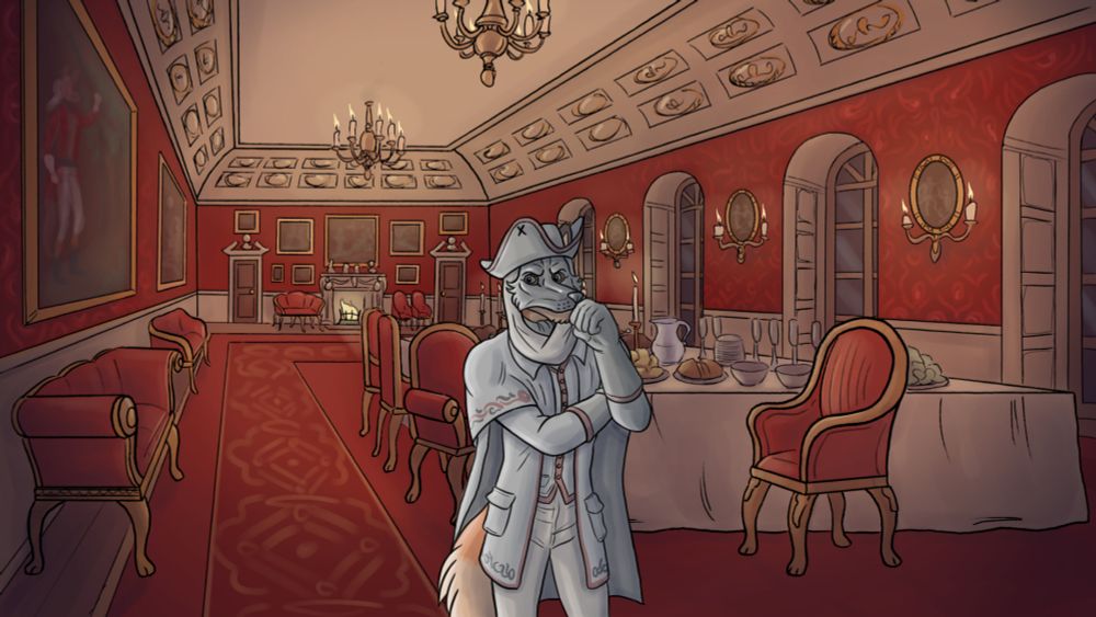 Victor the fox, a character from A Fall from Grace visual novel, dressed in a mask and costume for a fancy masquerade ball is seen inside an opulent dining hall decorated with red walls and carpets, paintings, tables, chairs, canapès and shiny chandeliers
