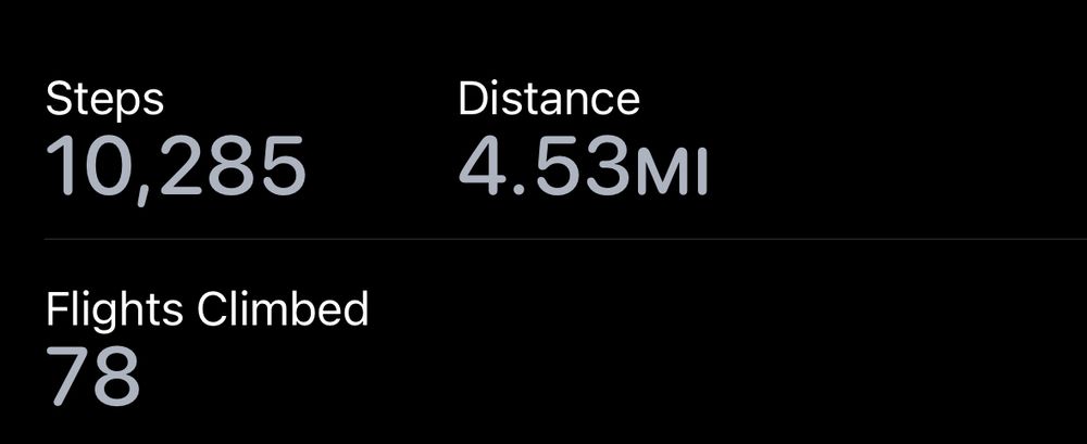 Apple fitness summary steps 10,285 distance 4.53 miles flights of stairs climbed 78