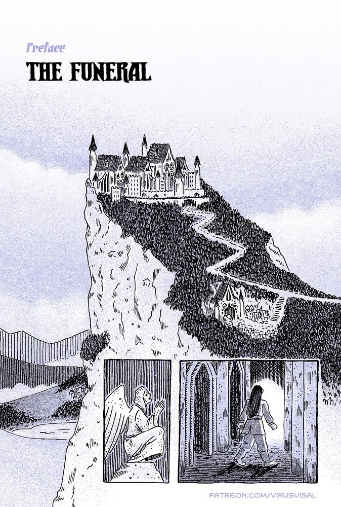 A cómic page with the title "the funeral" a castle on a cliff and the entrance to the crypts.