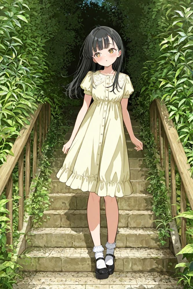 A digital illustration of an Asian woman in a teal jumper dress with gold buttons over a white short-sleeved blouse and a dark tie. She has long dark hair and is wearing white socks and brown mary jane shoes. She is standing on outdoor stairs next to some greenery.