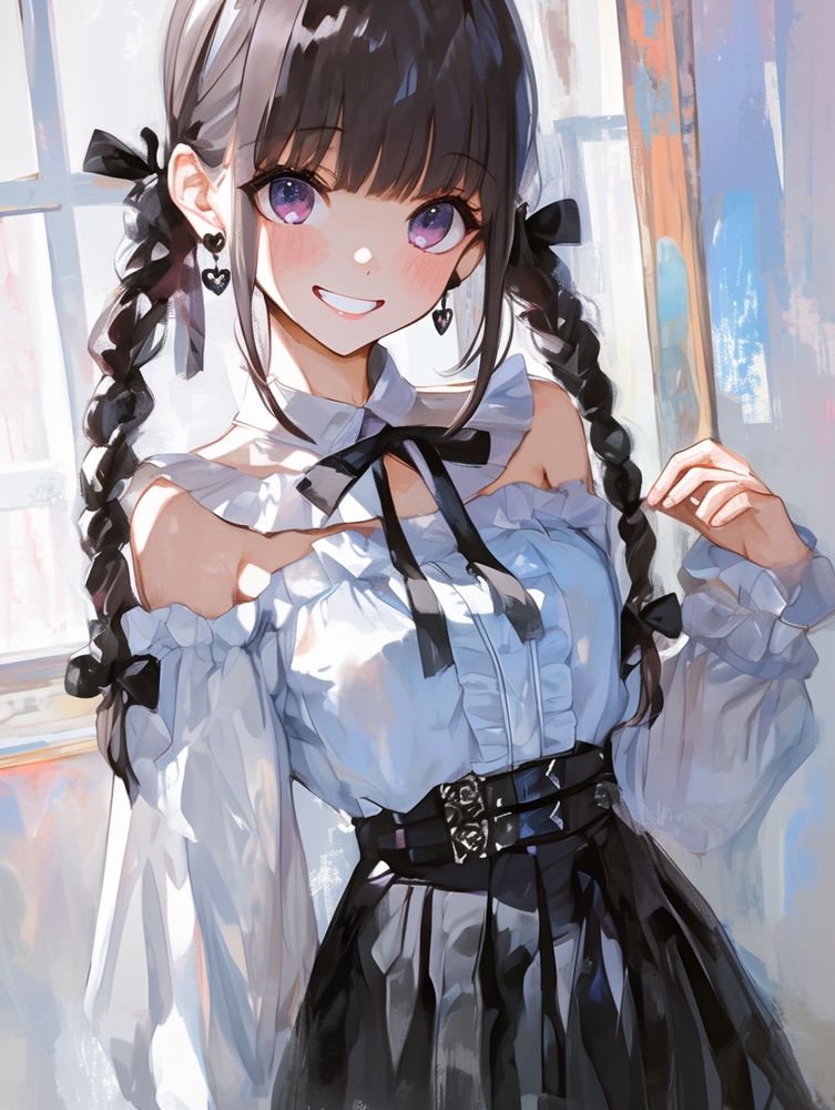 1girl, solo, short cut, beautiful red hair, ahoge, slender, thin arms, thin legs, doggystyle on grassland, BREAK wearing light blue frilly blouse, large rounded collar with black trim, black ribbon bow tie, balloon sleeves with frilled cuffs, ruffled shoulder details, high-waisted black flared skirt, wide waistband with double silver heart buckles, frilled hem, elegant girly classic lolita style, big smile, grin,