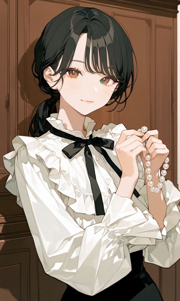 ​A stylish Asian woman with her hair in a bun, wearing a white ruffled blouse with a black ribbon tie, and a black skirt. The blouse has long, flared sleeves with ruffled cuffs. She is holding a string of pearls in her hands. The background is a wooden cabinet.