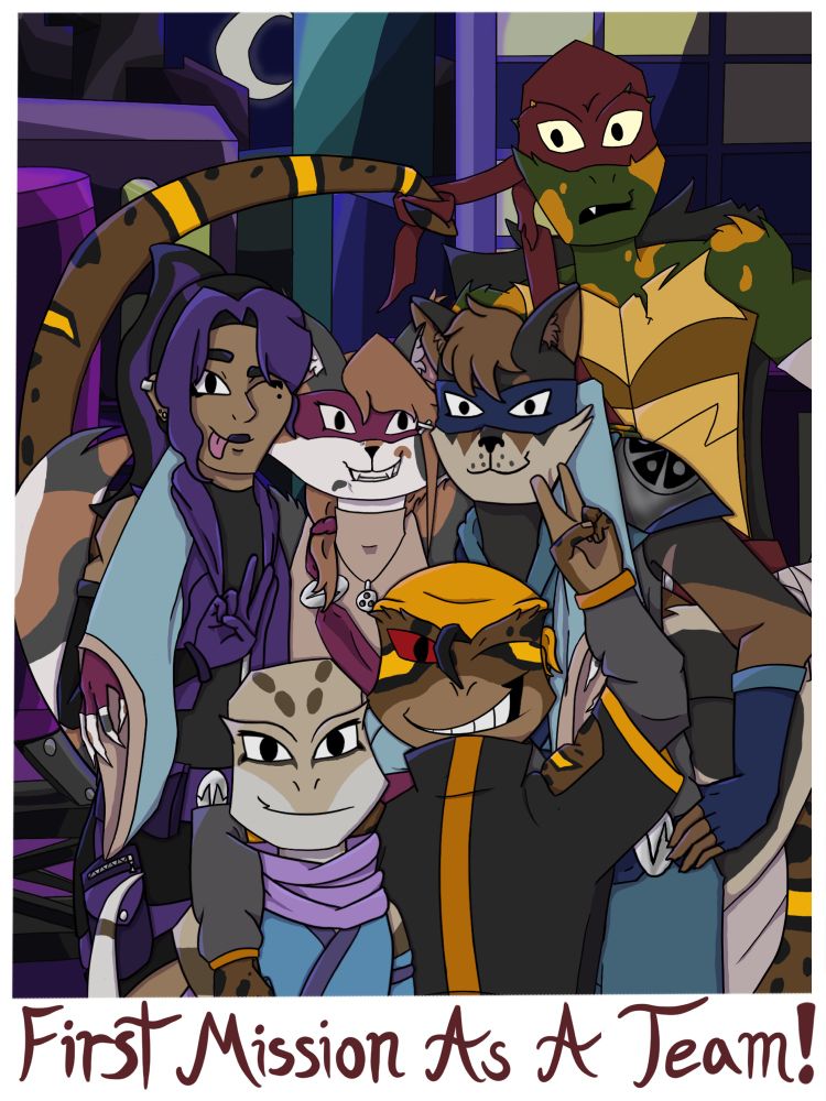 A group photo of a bunch of OCs. A mix of a human, a few mutants, and a few yokai. The young ninjas and one samurai are celebrating their first completed mission together as a team.