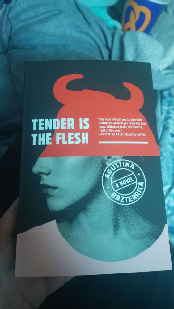 A book titled "Tender is The Flesh"  by Agustina Bazterrica. The image depicts a woman from the cheeks down in a pink shirt, and the top half of her is fully red with devil-like horns.