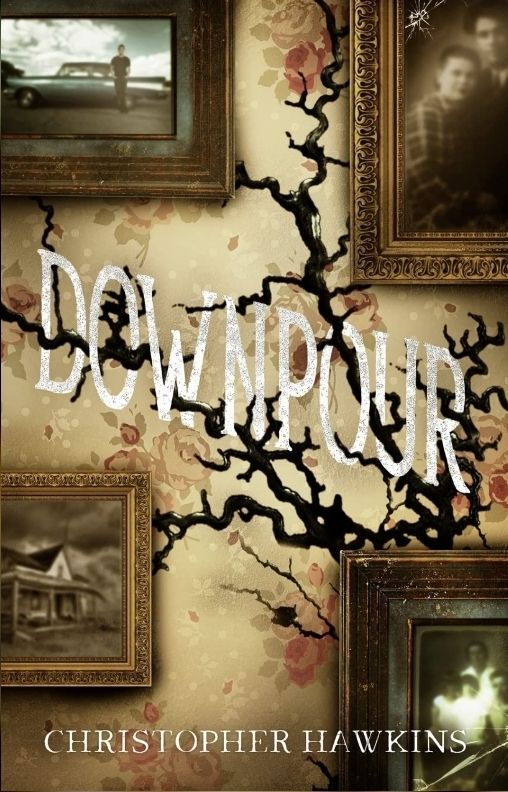 Cover of a book titled "Downpour" by Christopher Hawkins. There are four picture frames hung up on a wall decorated with a floral design. There is a big crack going across the wall, weaving between the lettering of the title.