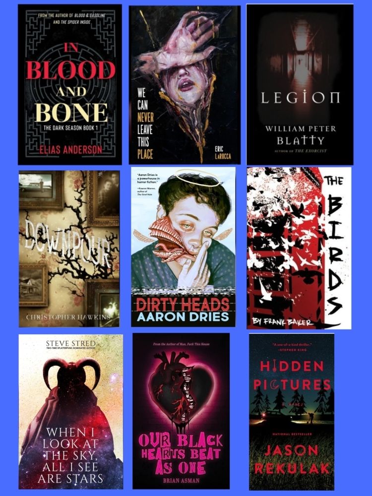1. In Blood and Bond by Elias Anderson
2. We Can Never Leave This Place by Eric LaRocca 
3. Legion by William Peter Blatty
4. Downpour by Christopher Hawkins
5. Dirty Heads by Aaron Dries
6. The Birds by Frank Baker
7. When I Look At the Sky, All I See Are Stars by Steve Stred
8. Our Black Hearts Beat As One by Brian Asman
9. Hidden Pictures by Jason Rekulak