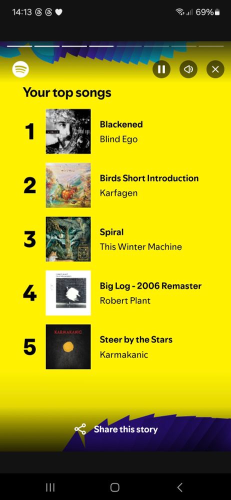 A list of top five songs. Blackened by blind ego, birds short intro by karfagen, spiral by this winter machine, big log by led zeppelin, steer by the stars by Mike oldfield